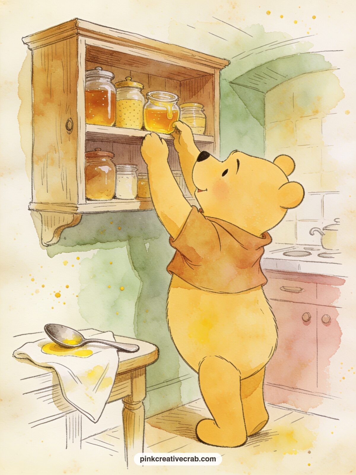 Pooh At The Honey Cupboard printable page — Leave a small gap near the shelf and write the date you first read the stories, or the name of whoever gave you