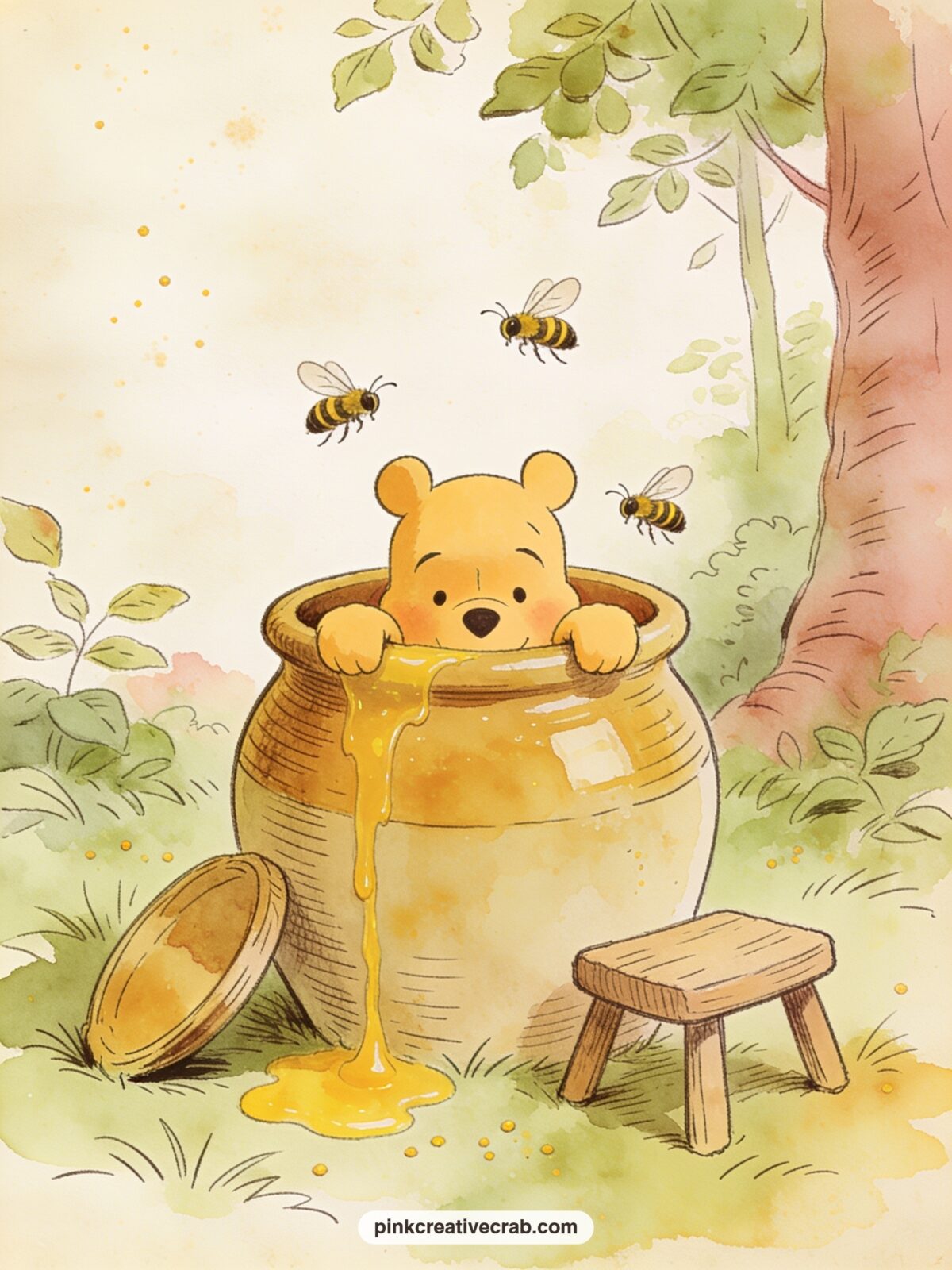 Pooh Stuck In The Honey Pot printable page — Pooh's round head and paws vanish into a honey pot while bees circle overhead and a trail of golden drips runs