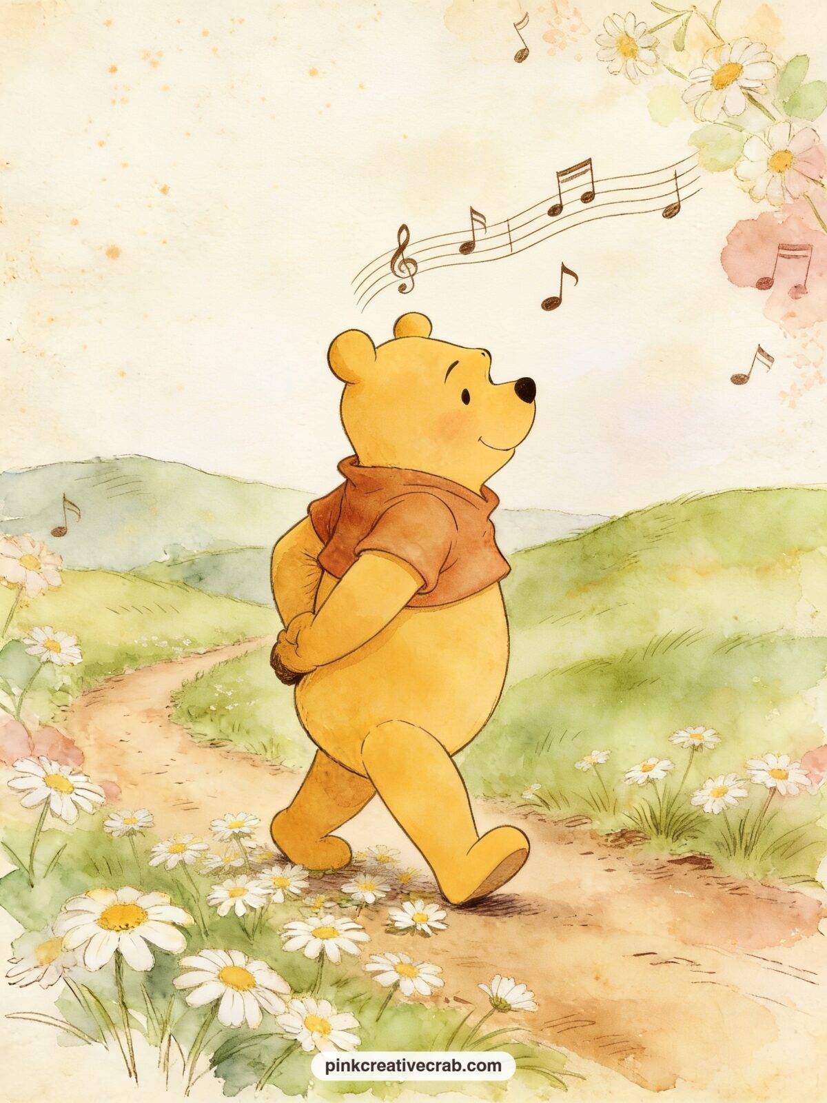 Pooh Humming A Little Song printable page — Pooh walks along a path humming to himself, paw tucked behind his back, with a few musical notes drifting above him
