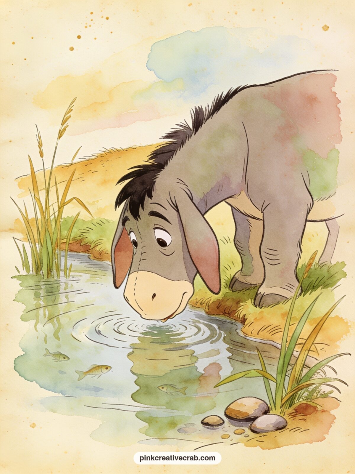 Eeyore Looking For His Tail printable page — Eeyore stands by a quiet stream peering into the water and among the reeds, searching for his missing tail while