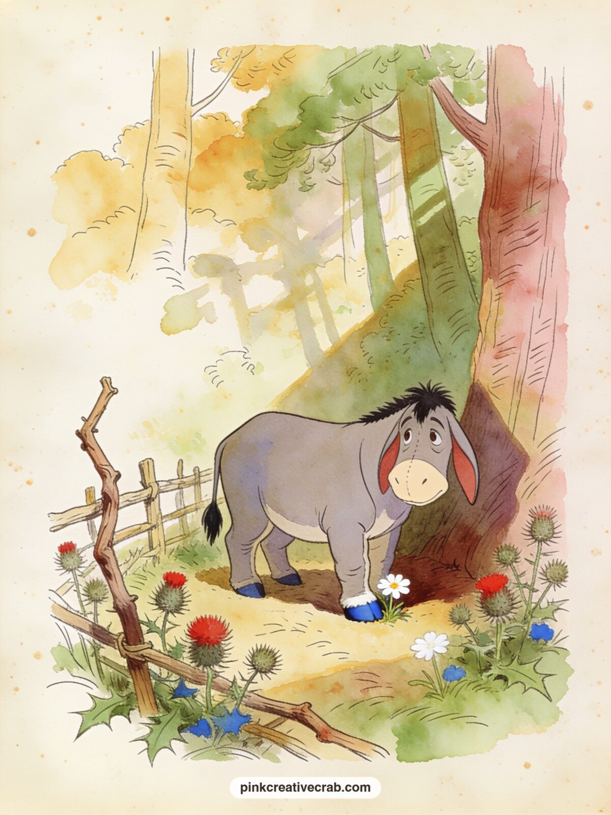 Eeyore In His Gloomy Corner printable page — The usual mistake with a melancholy page like this one is leaving it too bare, so tuck in a tiny patch of thistles
