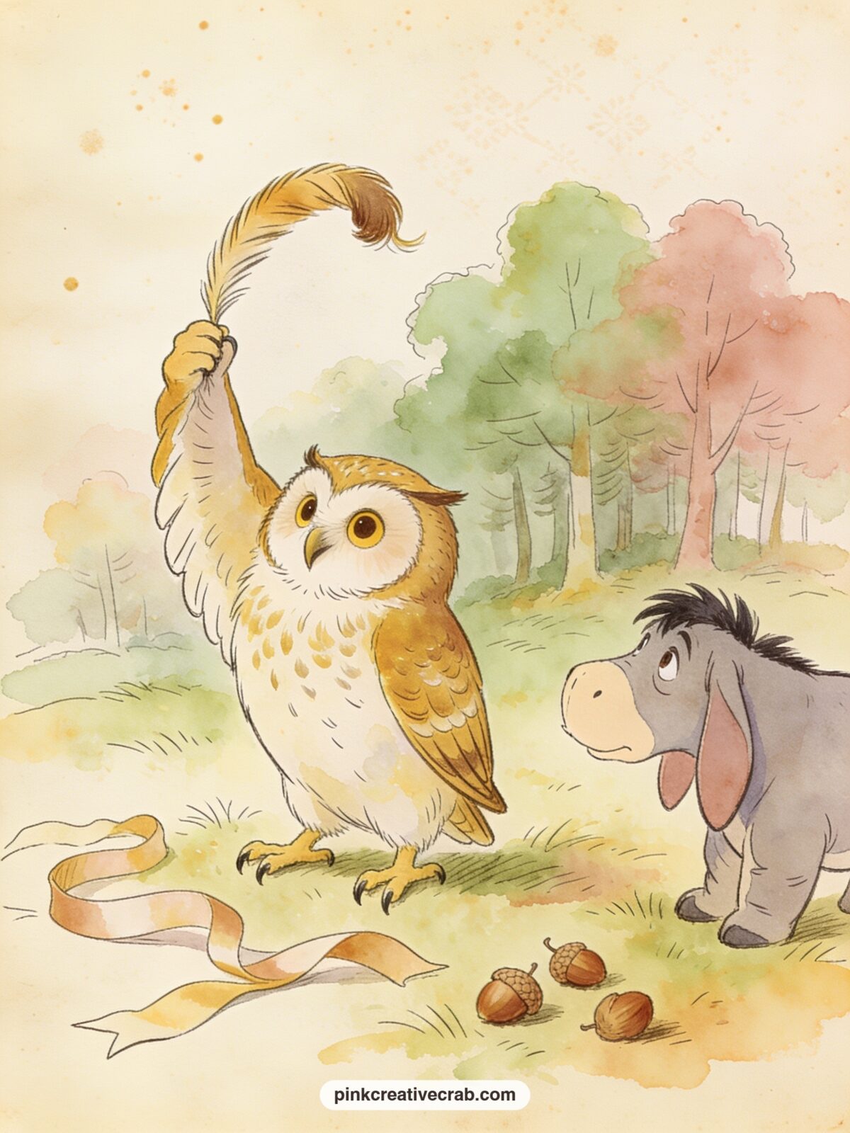 Eeyore's New Tail Found printable page — Owl holds Eeyore's tail aloft while Eeyore watches with his usual patient expression, a few acorns and a length of