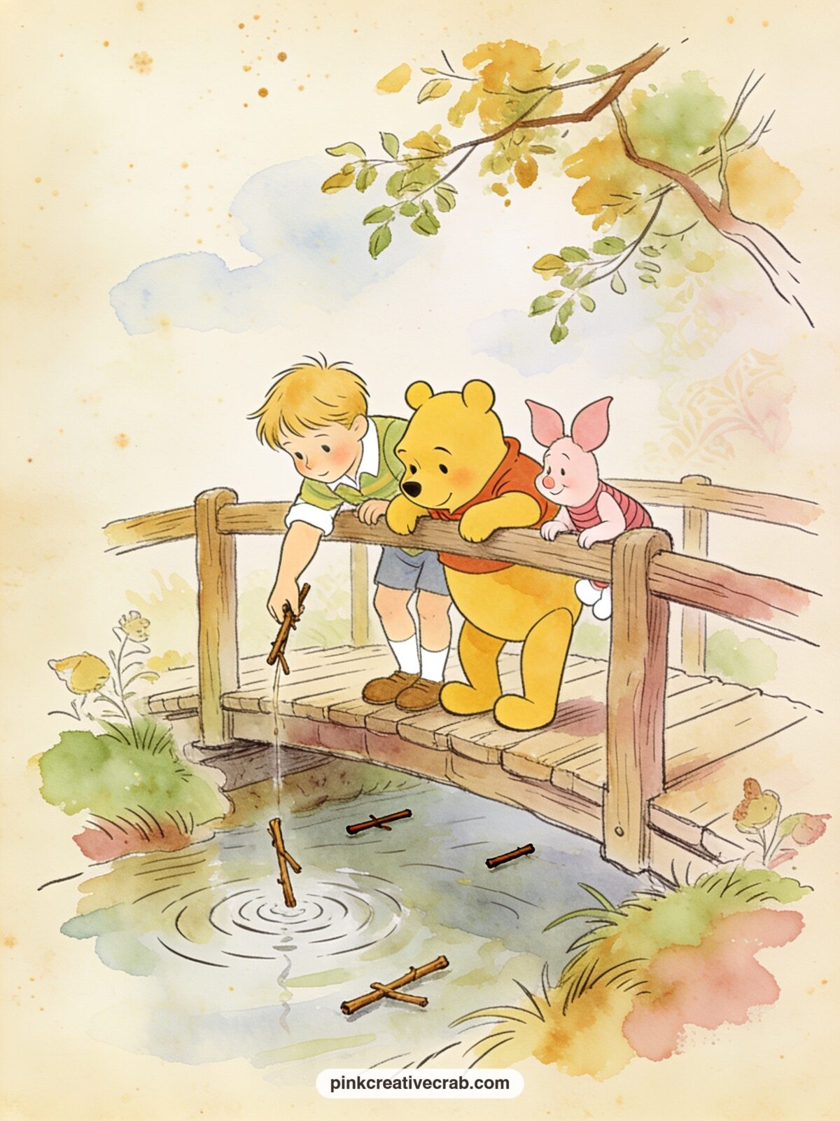 Poohsticks On The Bridge printable page — Christopher Robin and his friends lean over the wooden bridge rail dropping sticks into the stream below, the water
