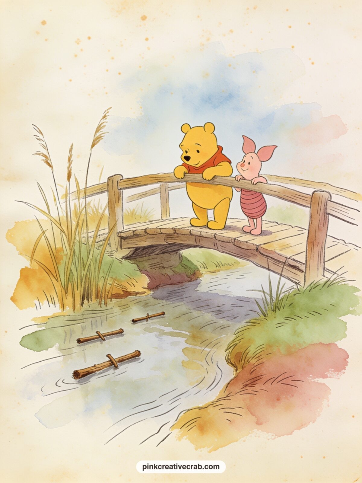 Waiting For The Sticks printable page — Give this page five minutes: trace the bridge rail lightly in pencil, wash in the stream below with one pale blue pass