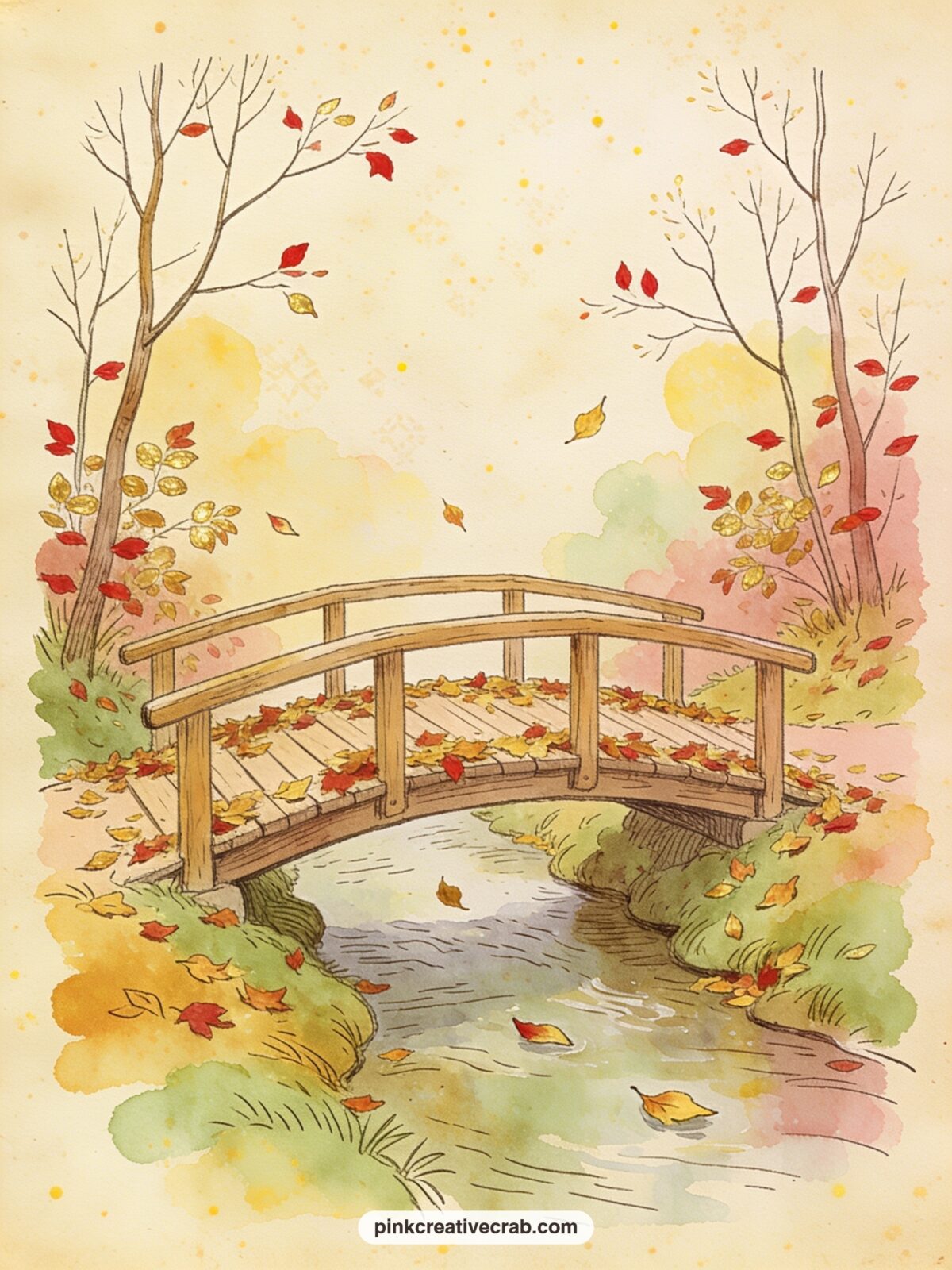 The Bridge In Autumn printable page — Fallen leaves drift across the old wooden bridge and settle along its rail while the stream below carries a few more