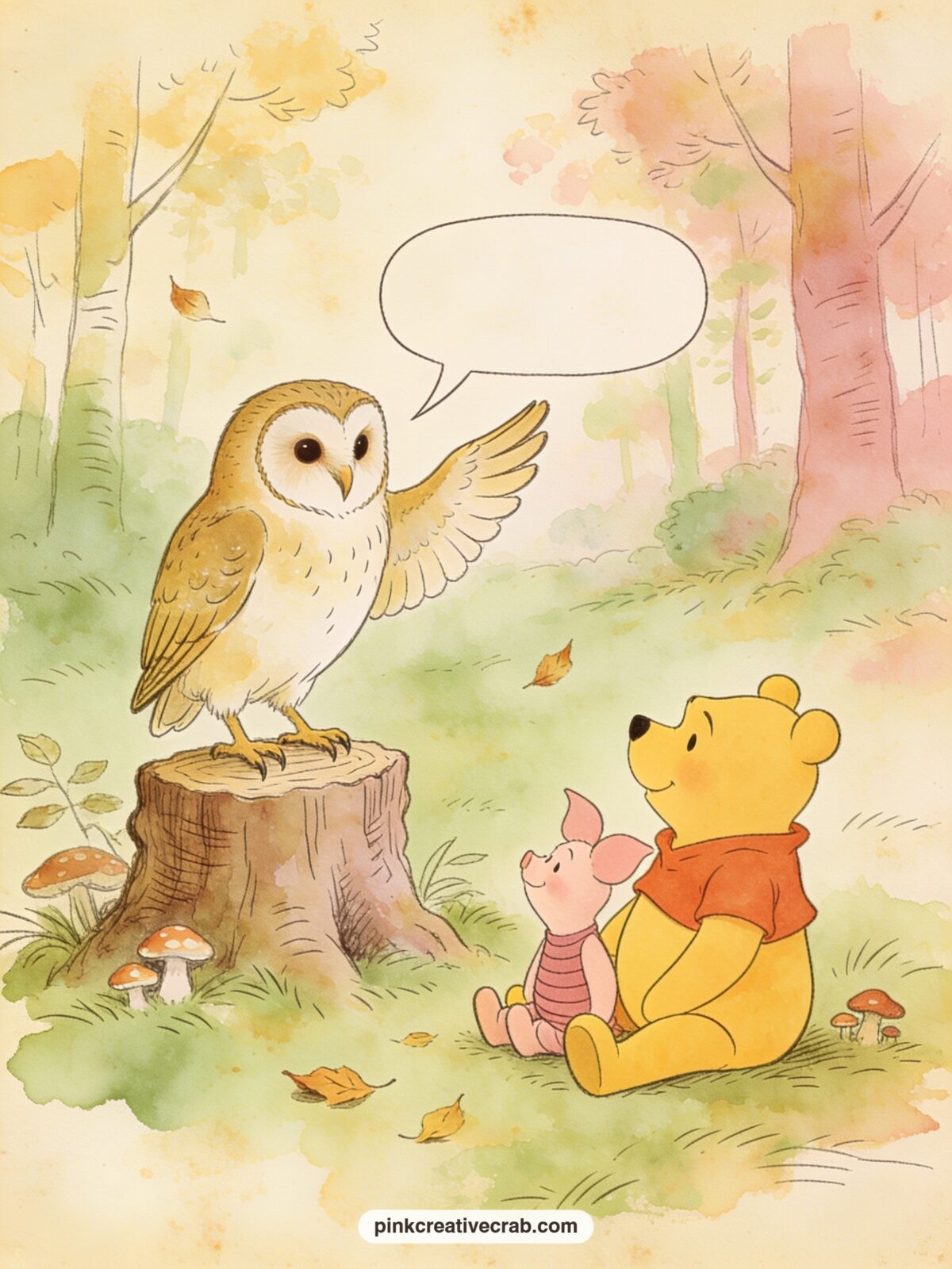 Owl Giving A Long Speech printable page — Owl stands on a tree stump addressing Pooh and Piglet, who listen with polite but slightly glazed expressions, while