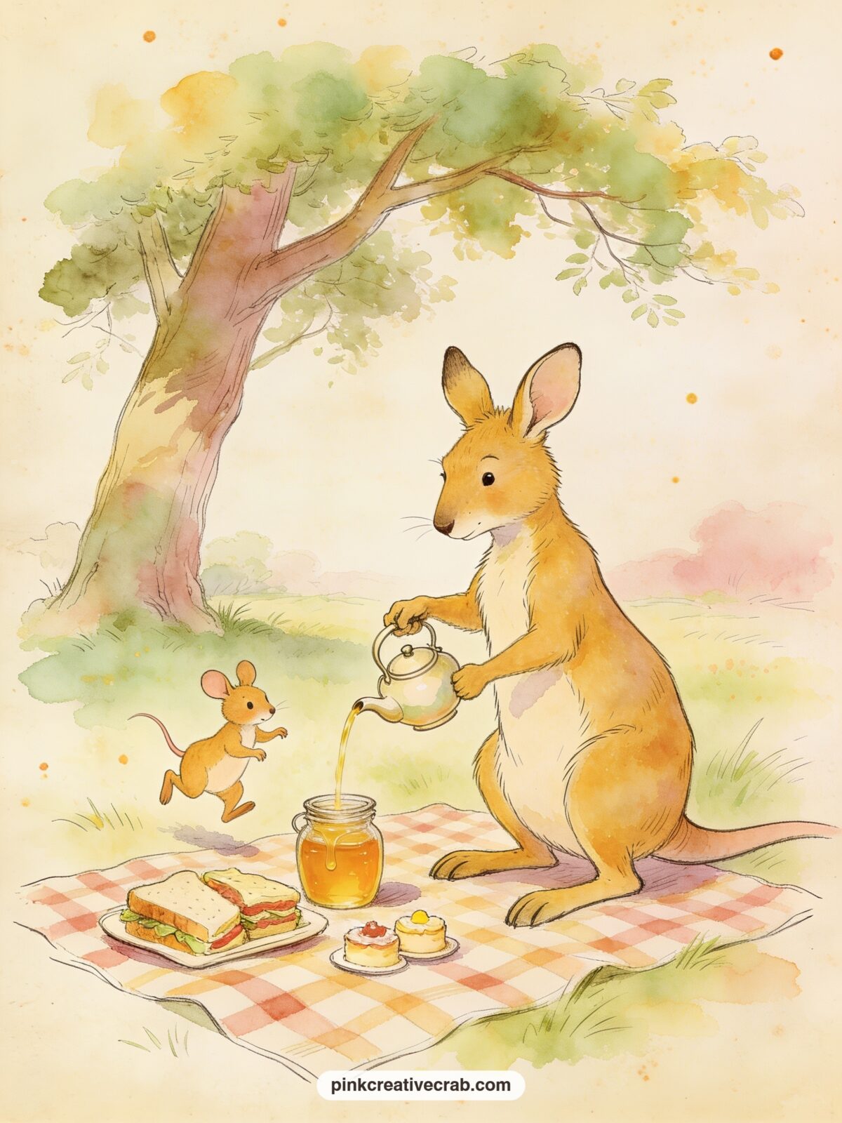 Kanga And Roo At A Picnic printable page — Kanga pours tea from a small pot while Roo bounces beside a checked blanket spread with sandwiches, a jar of honey