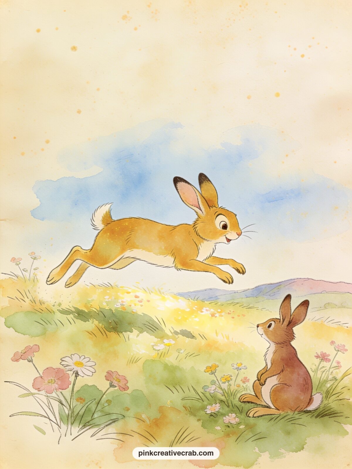 Roo Practicing His Jumps printable page — Roo bounds across a sunny meadow mid jump while Kanga watches fondly from a patch of grass nearby, with wildflowers