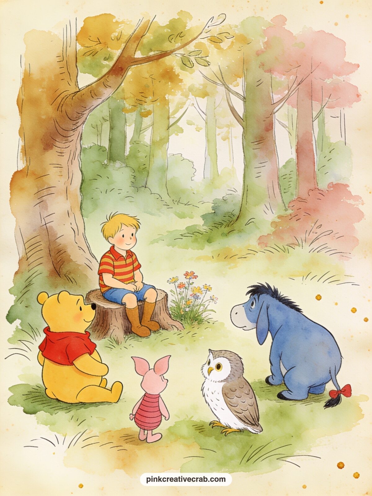 Christopher Robin's Treehouse Meeting printable page — Christopher Robin sits on a tree stump with Pooh, Piglet, Owl and Eeyore gathered around him in a loose
