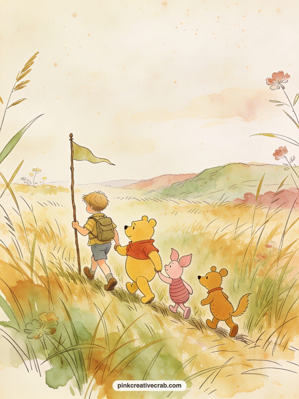 Searching For The North Pole printable page — The group marches in a loose line through tall grass behind Christopher Robin, who carries a small stick upright