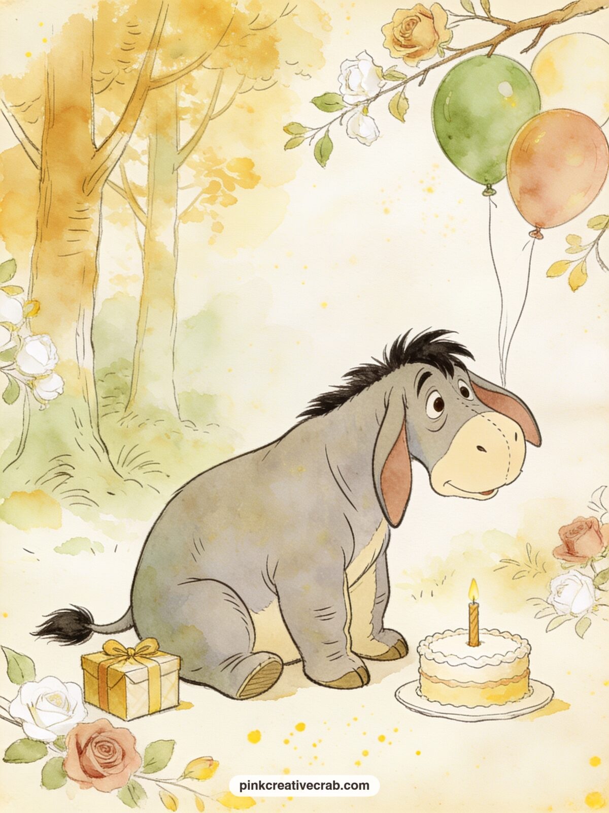 A Birthday Party For Eeyore printable page — Here is the usual mistake with a party page: too many characters crowded together. Winnie the pooh junk journal