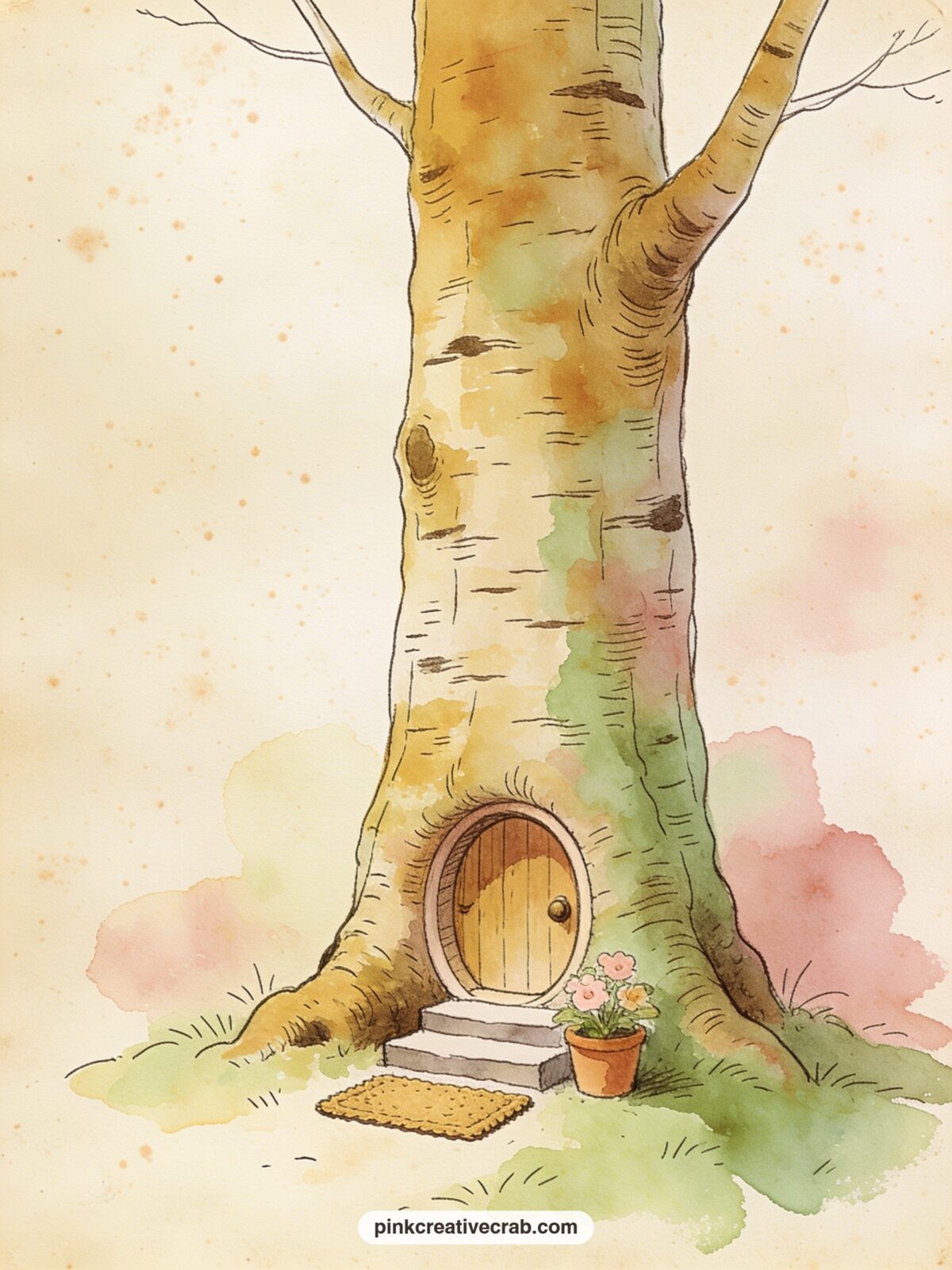 Piglet's Tiny House In The Beech Tree printable page — Piglet's small round door sits snug at the base of a tall beech tree, a welcome mat and a potted flower