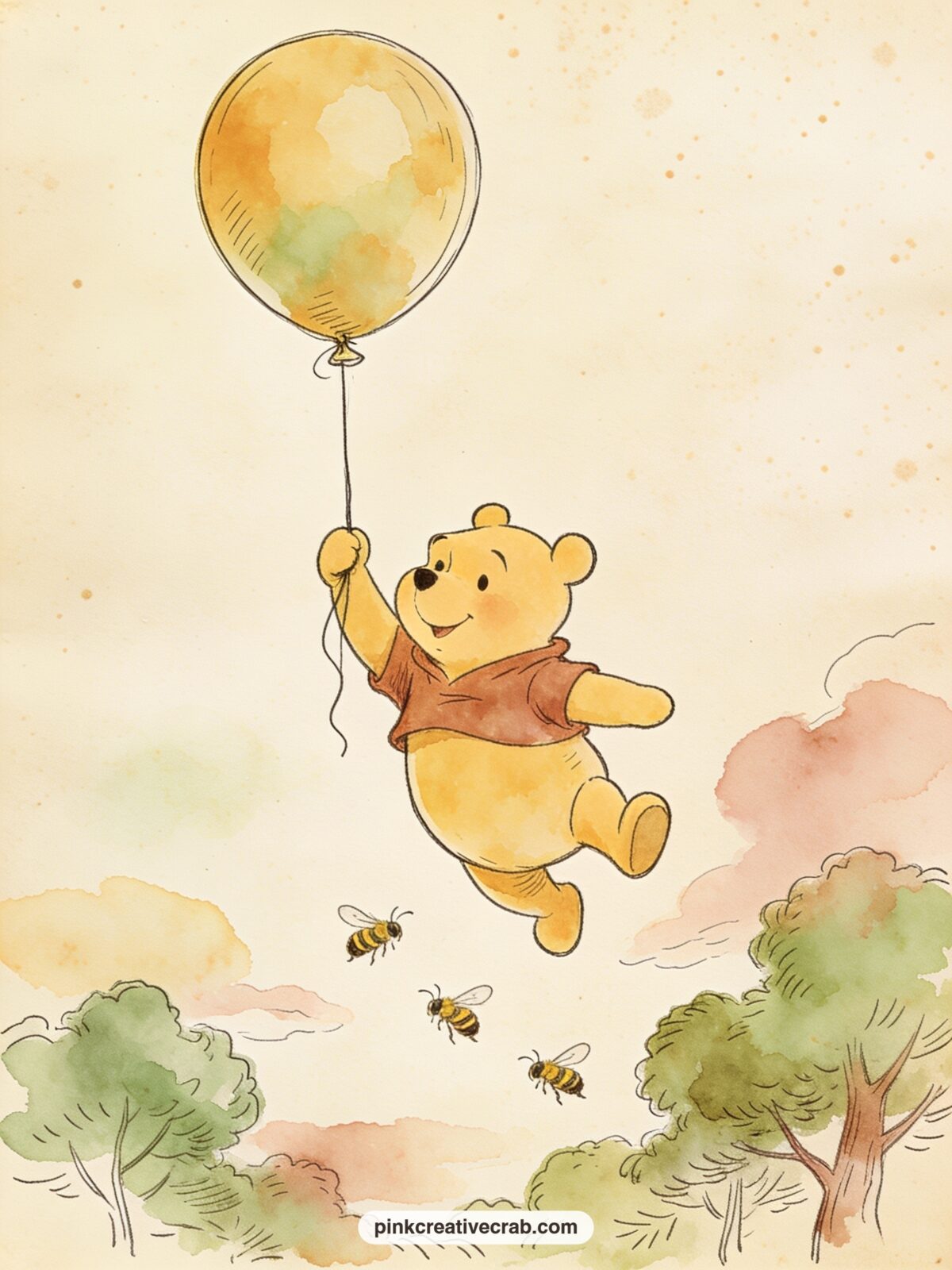 Pooh Floating With A Balloon printable page — Write the question you would ask Pooh if he floated past your window: what he sees from up there, or whether the