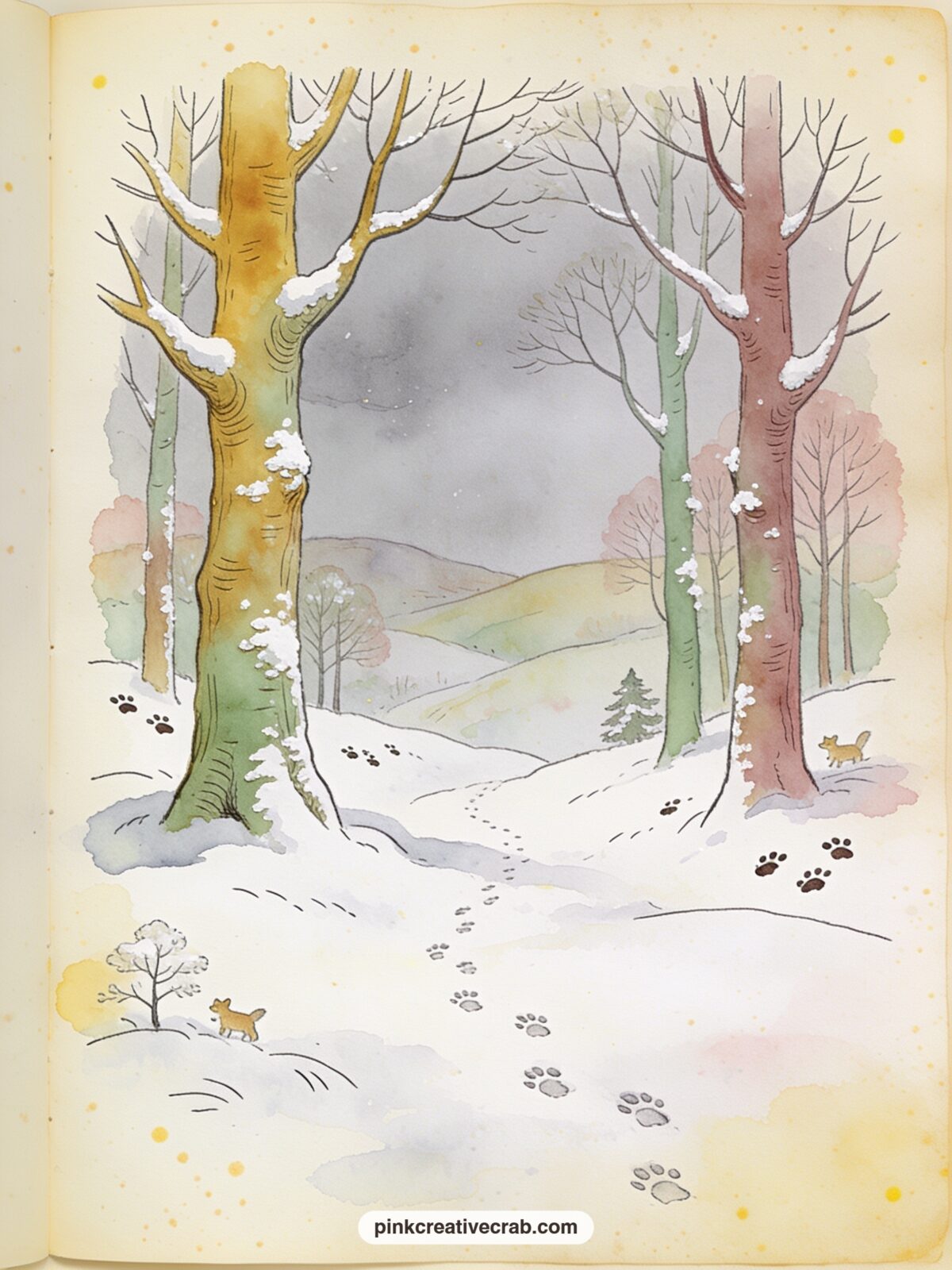 Snow Falling Over The Wood printable page — Place this quiet page beside the birthday page as a closing spread, letting its pale snowy hush settle the story
