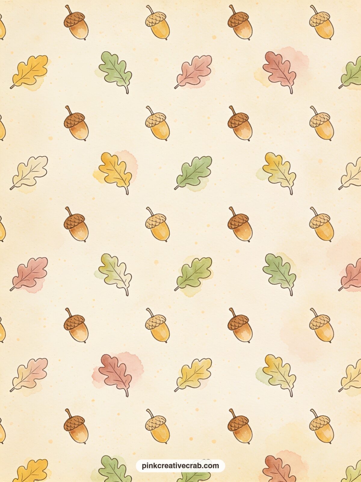 Acorn And Leaf Pattern printable page — Tiny acorns and oak leaves scatter across the sheet in sage green and warm brown. Winnie the pooh junk journal ideas