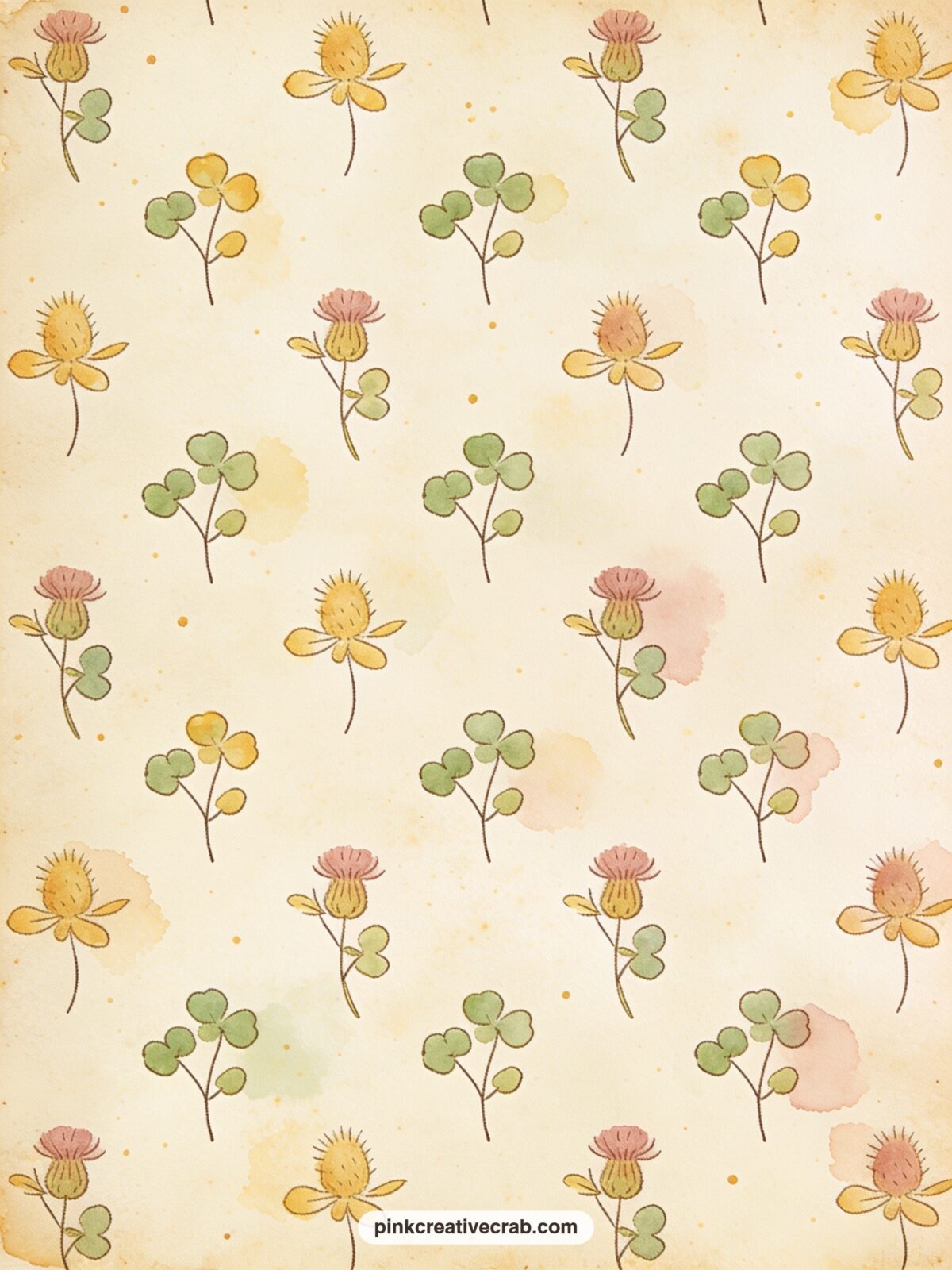 Thistle And Clover Pattern printable page — Pale thistles and small clover sprigs repeat across the page in dusty rose and sage green. Winnie the pooh junk