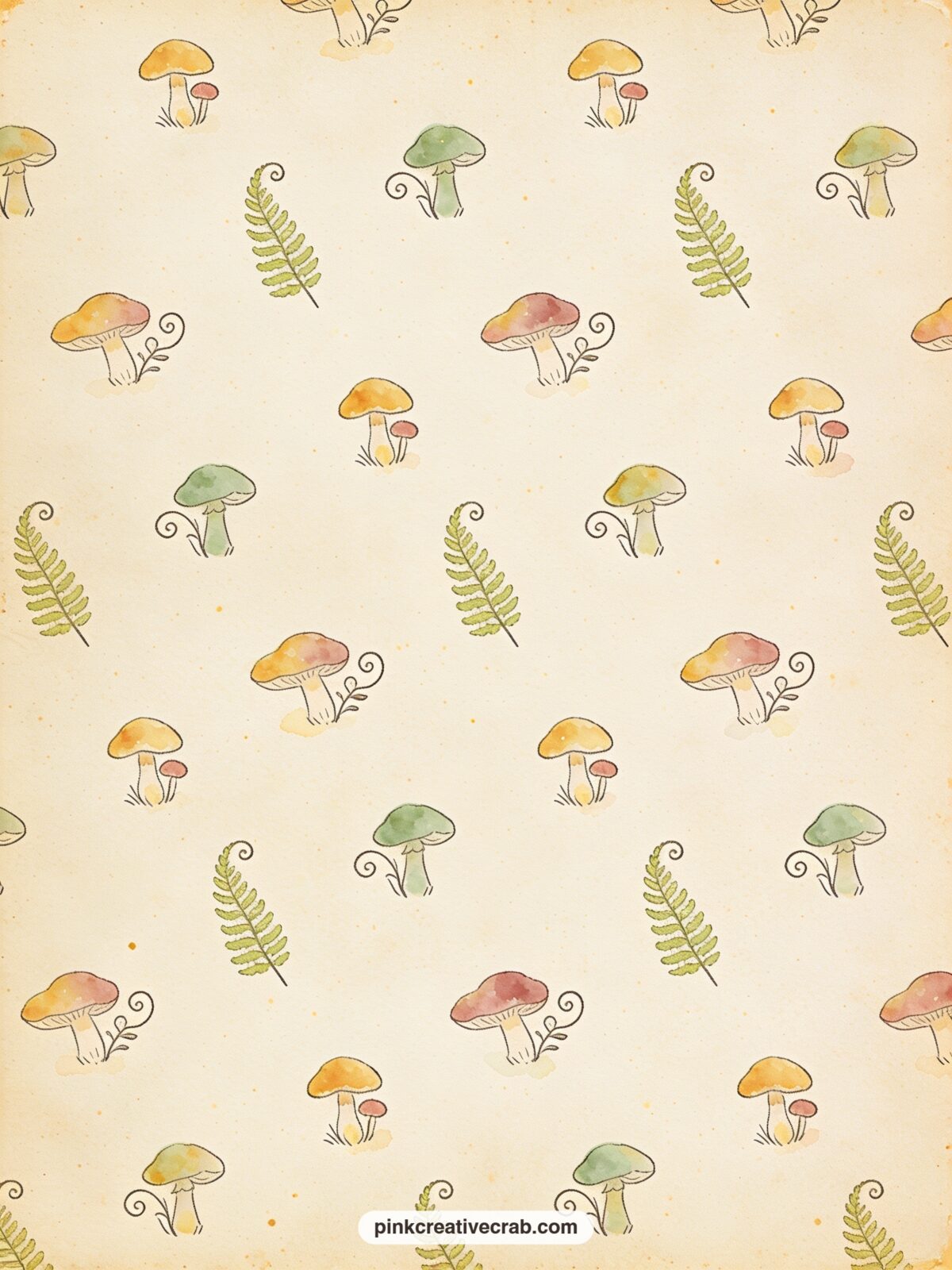 Toadstool And Fern Pattern printable page — Small toadstools and curling fern fronds repeat across the sheet in sage green and soft red. Winnie the pooh junk