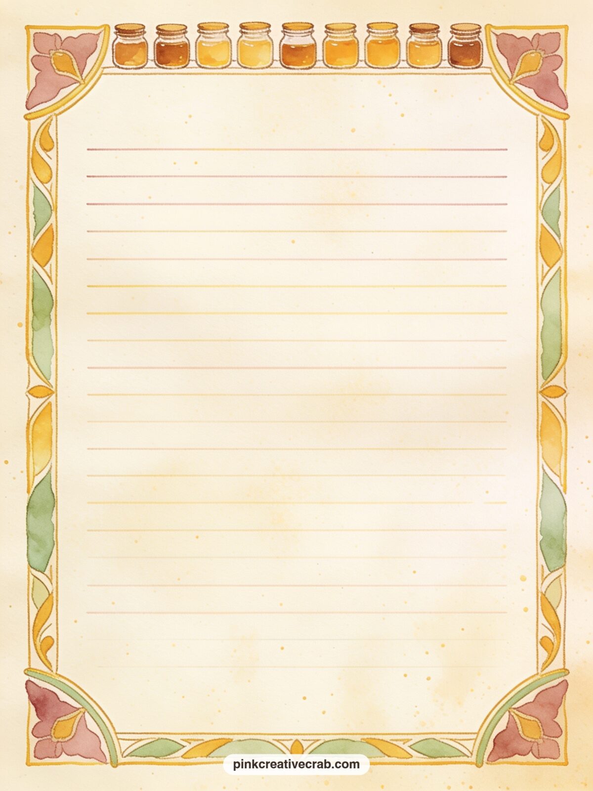 Honey Jar Border Lined Page printable page — A row of small honey jars lines the top edge of this page. Winnie the pooh junk journal ideas