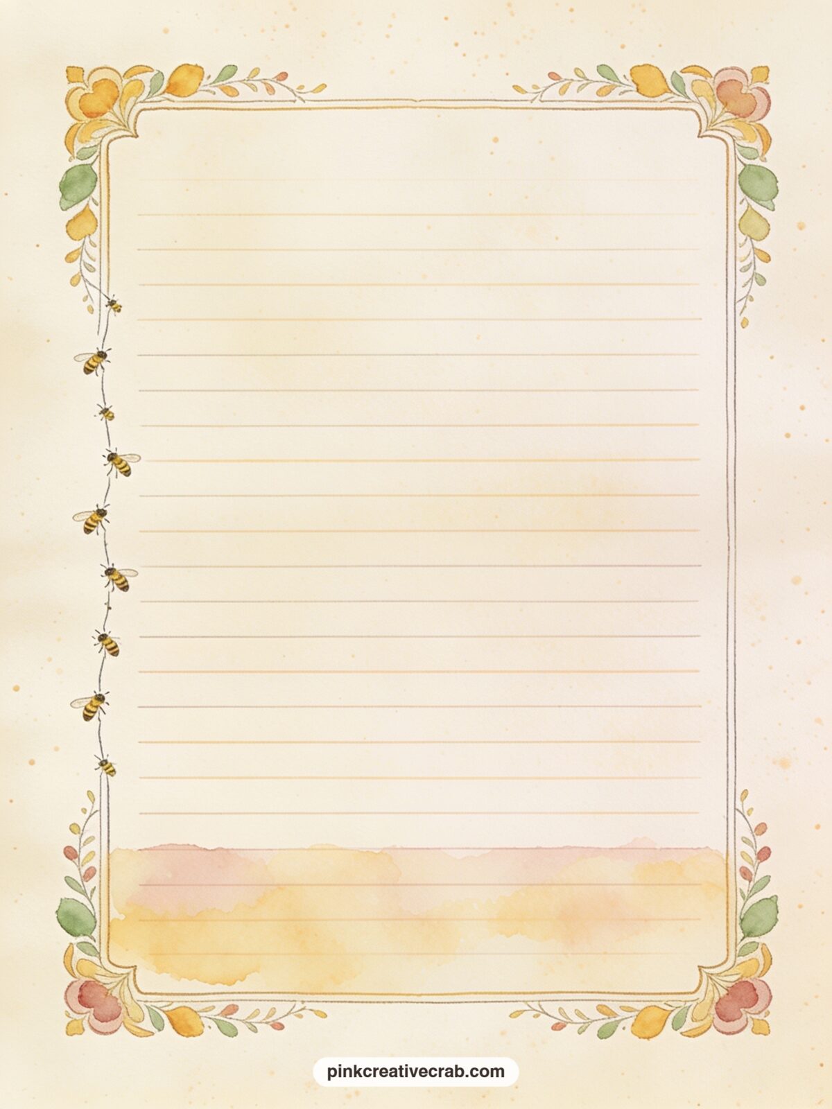 Bee Trail Lined Page printable page — A thin trail of small bees drifts down the left side of this page. Winnie the pooh junk journal ideas