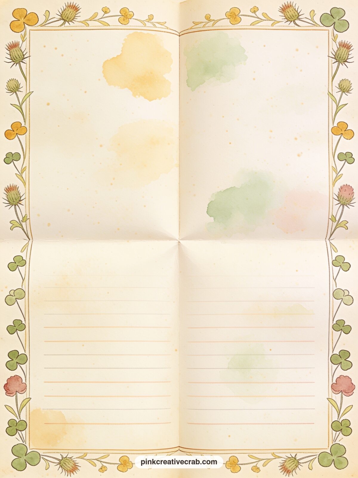 Thistle Frame Lined Page printable page — A light frame of thistles and clover runs around all four edges of this page. Winnie the pooh junk journal ideas