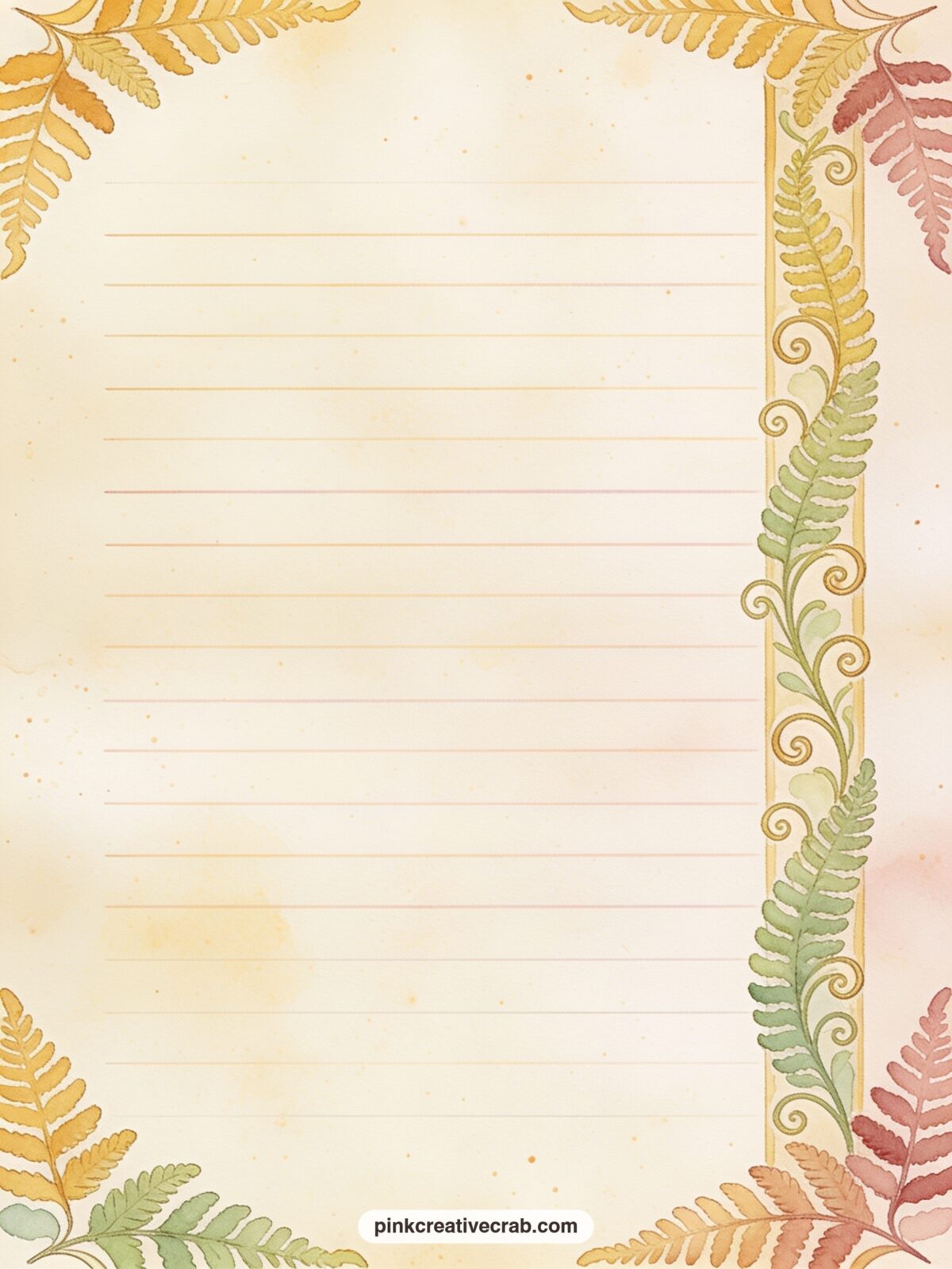 Fern Band Lined Page printable page — A narrow band of curling ferns runs down the right side of this page. Winnie the pooh junk journal ideas