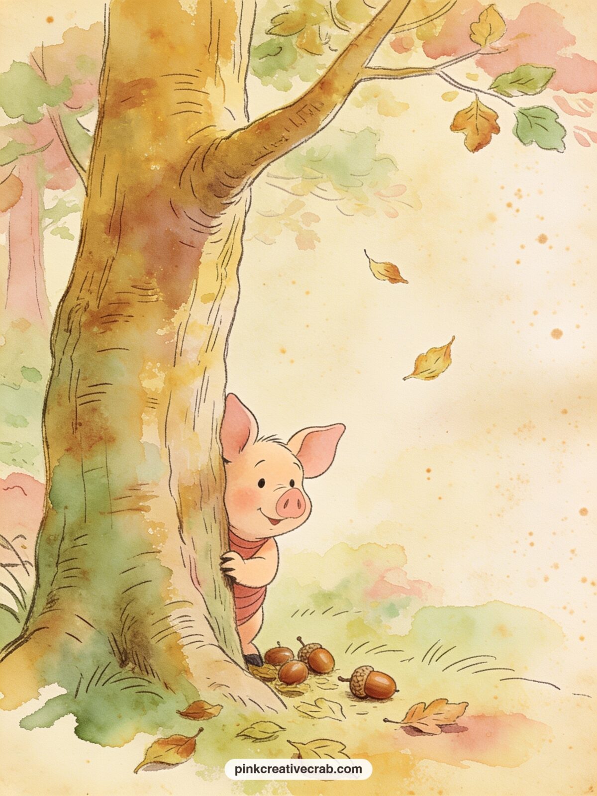 Piglet Hiding Behind A Tree printable page — Tear the right edge of this page unevenly before gluing it in, as if a gust of wind caught it, to echo the little
