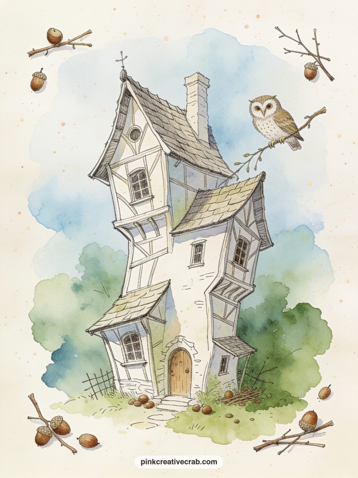 Owl's Crooked House printable page — Owl's tree leans at its familiar crooked angle, with a wooden sign reading his name nailed beside the door, a ladder