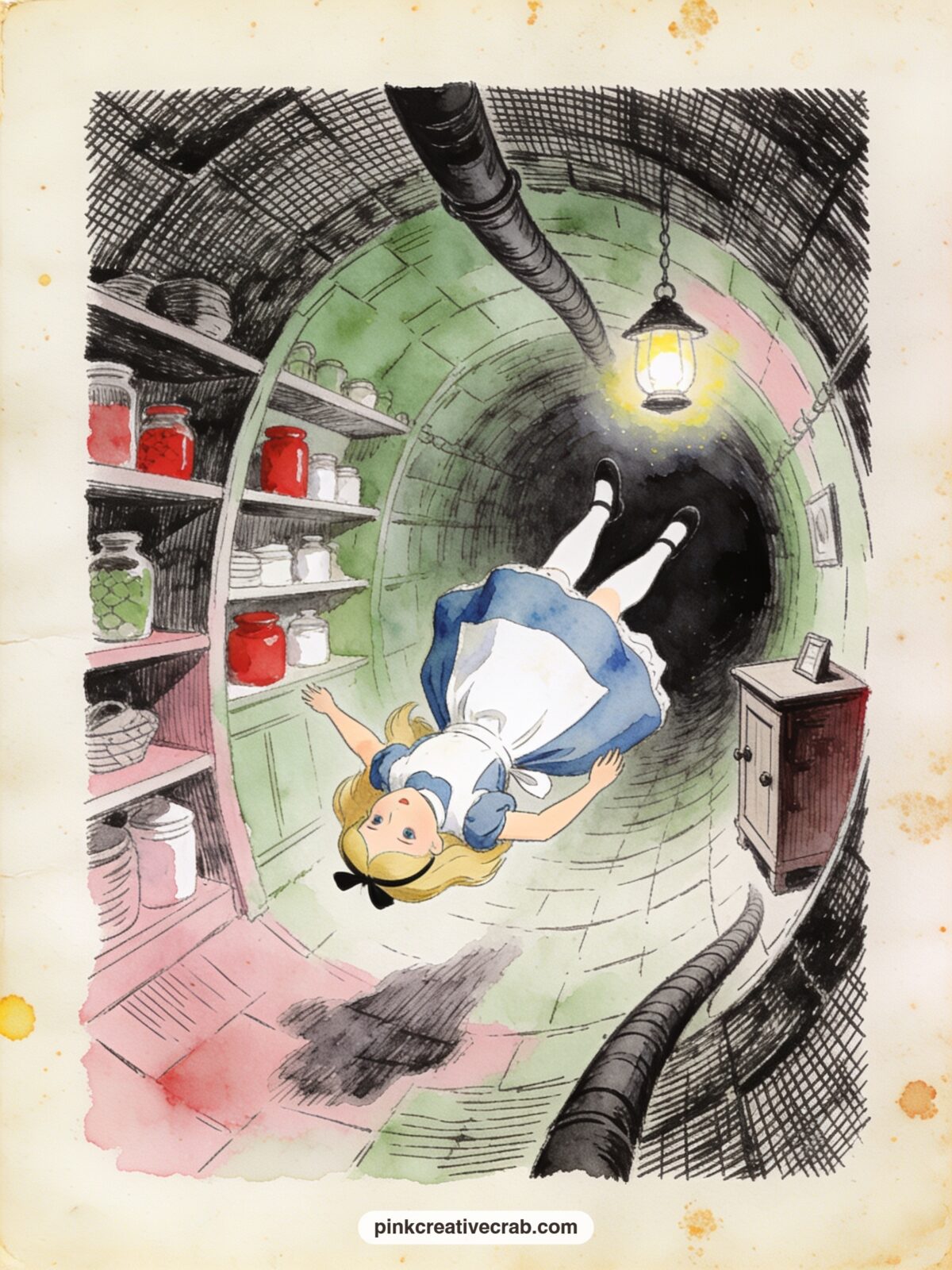 The Long Fall Down the Hole printable page — Pair this one with the playing card and pocket watch pattern further on in the set: glue a strip of the pattern