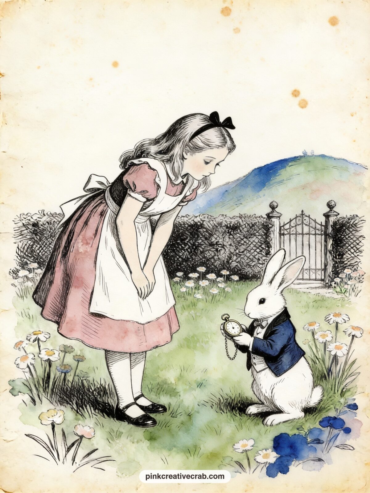 Alice Following the White Rabbit printable page — Alice leans after the waistcoated rabbit as he checks his pocket watch and bolts for the hedge, with
