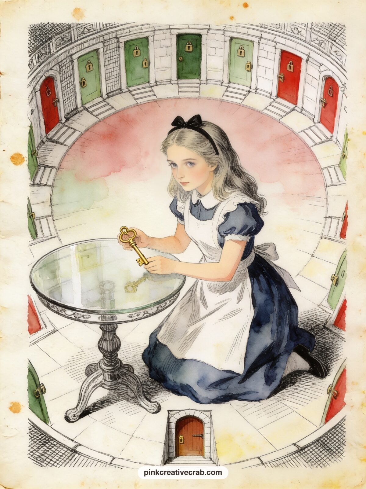 The Tiny Door and Golden Key printable page — A round hall lined with locked doors surrounds Alice as she kneels by a glass table, the tiny door barely knee