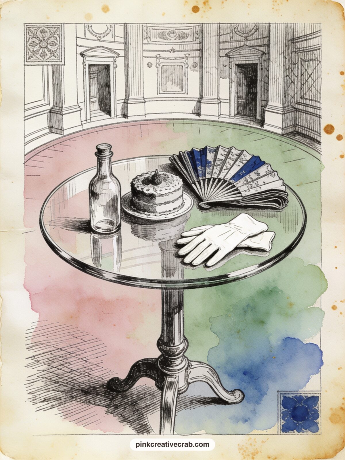 Drink Me Bottle on the Table printable page — The usual mistake with a still life page like this is leaving it too empty: fill the glass table with the cake