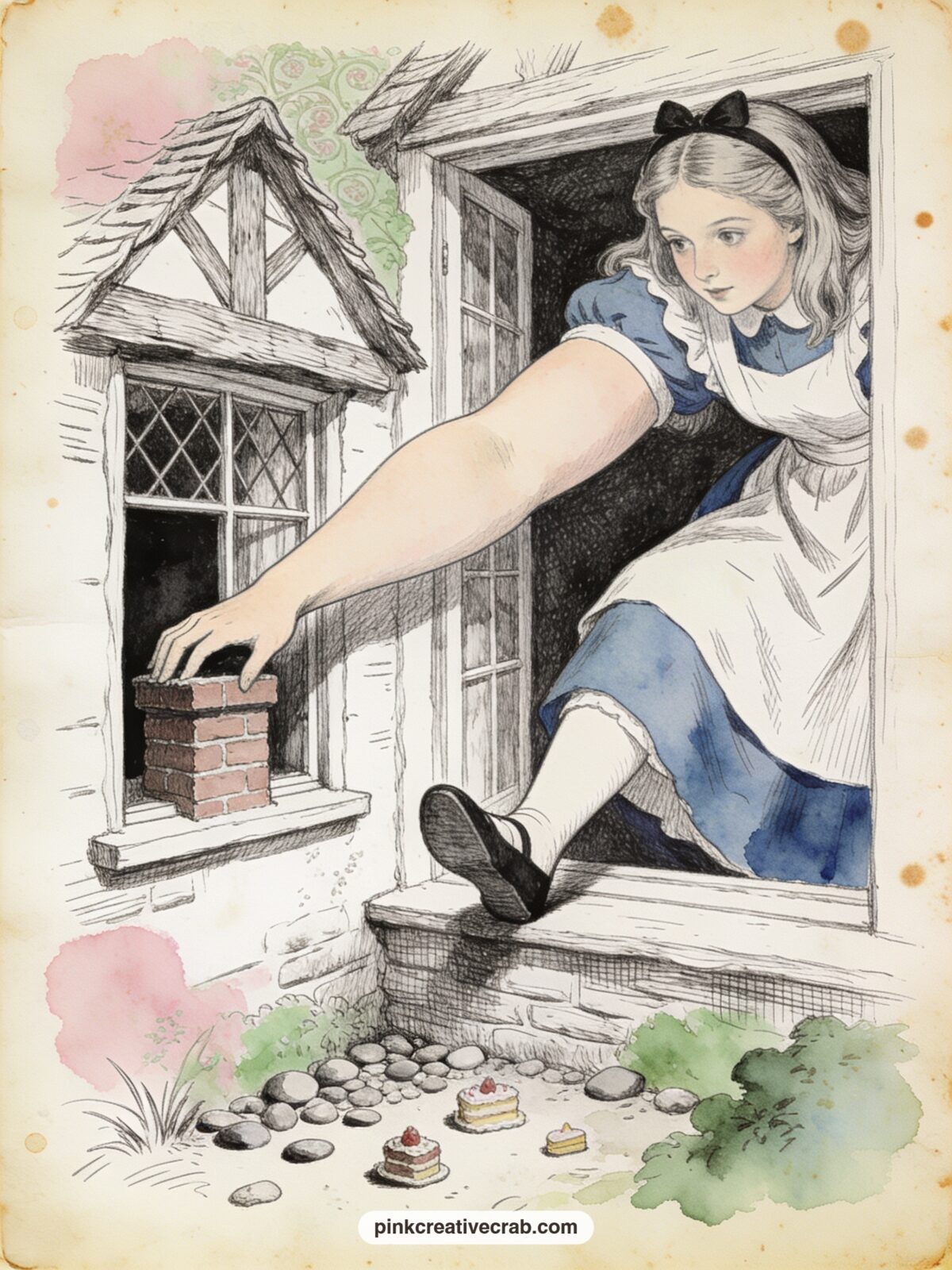 Alice Grown Huge in the White Rabbit's House printable page — An arm out the window and a foot up the chimney, Alice fills the whole cottage after growing too