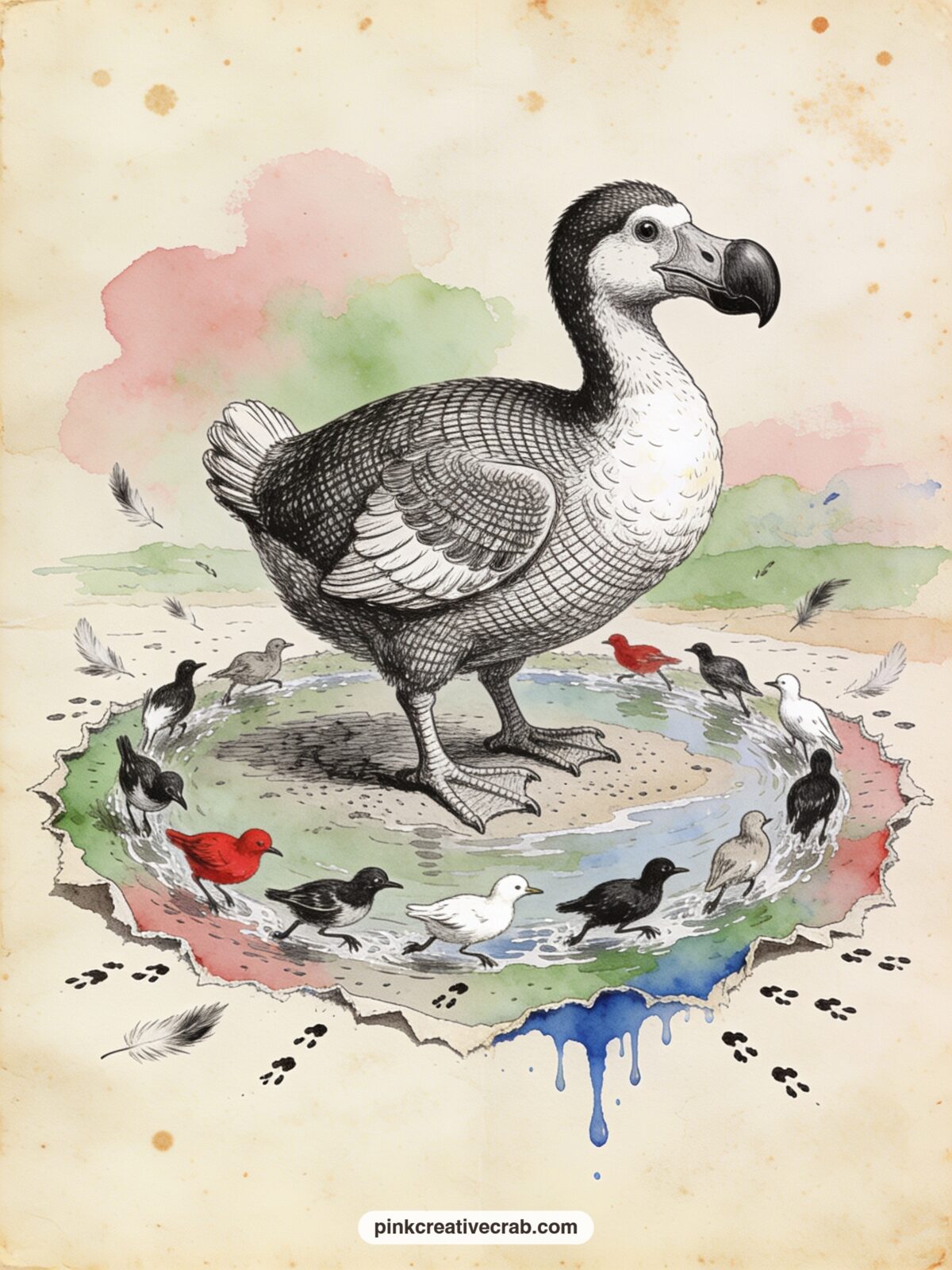 The Caucus Race on the Shore printable page — A damp crowd of birds and animals races in a ragged circle on the shore, feathers still wet, with the Dodo