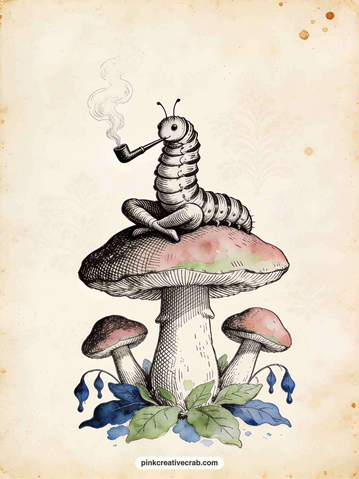 The Caterpillar on His Mushroom printable page — Smoke curls from a long pipe as the Caterpillar sits cross legged on his mushroom, three smaller mushrooms and