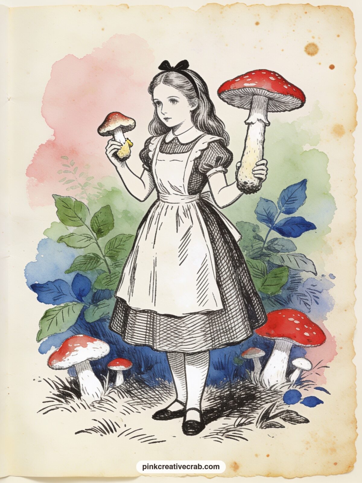 Alice Nibbling the Mushroom printable page — Write a short entry here about something that changed your own size that day, in feeling if not in fact, since the