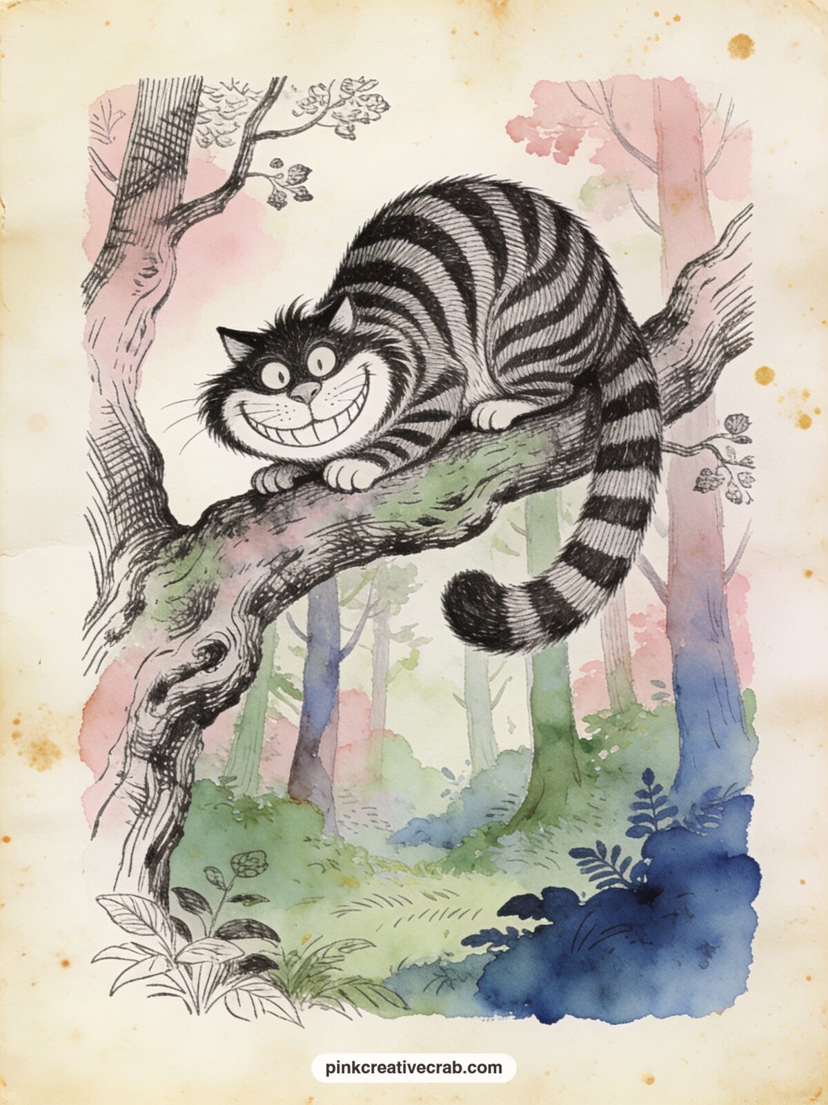 The Cheshire Cat Grinning in a Tree printable page — Perched along a gnarled branch with his stripes fading into the bark, the Cheshire Cat grins down over a