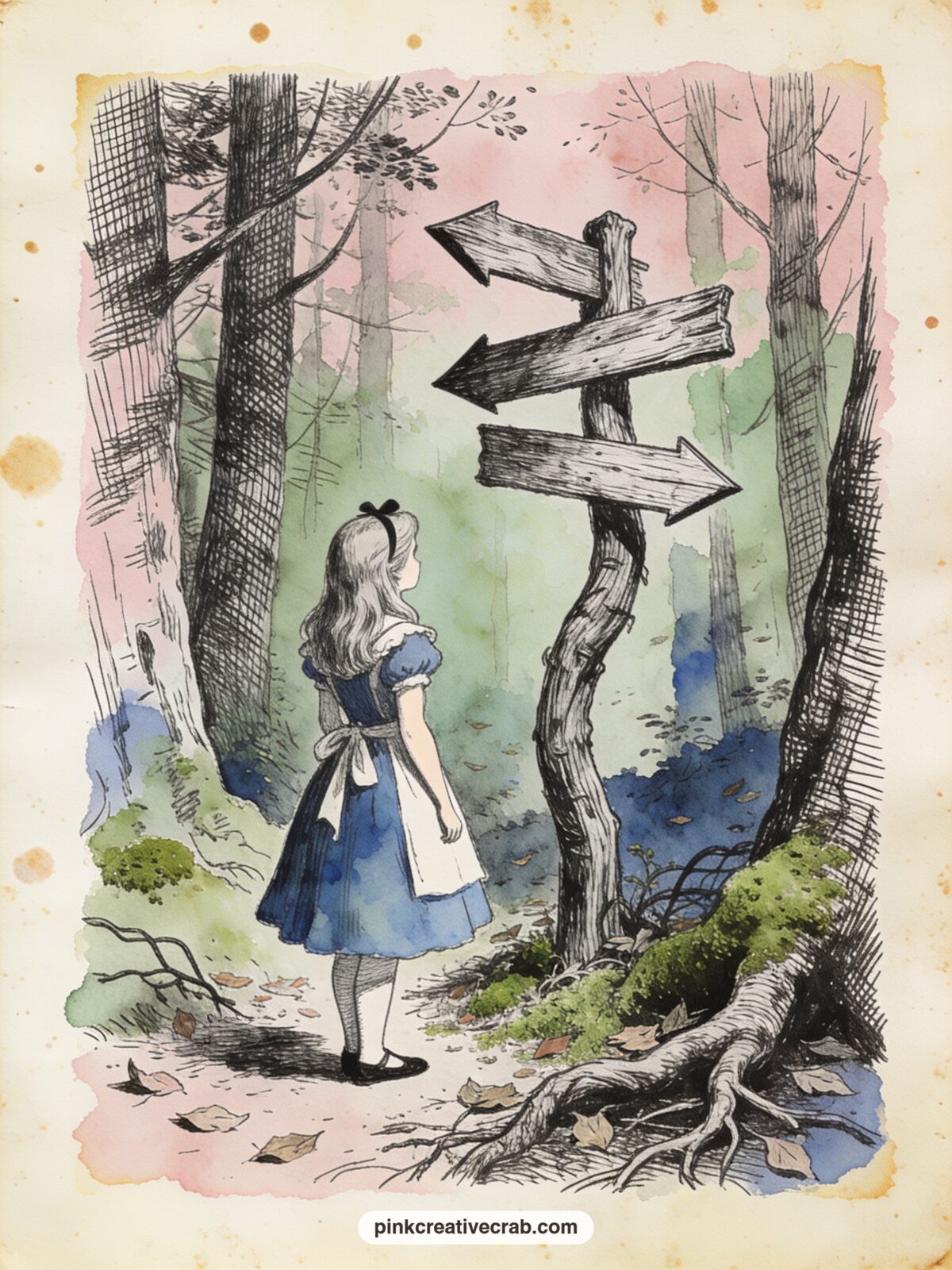 Which Way Signpost in the Wood printable page — Alice stands puzzling at a crooked wooden signpost pointing in three directions at once, deep in a quiet wood
