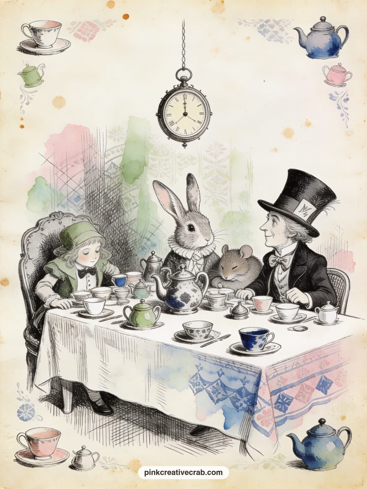 Mad Hatter Tea Party printable page — Place this scene across from the pocket watch pattern page so the clutter of cups on the table echoes the scattered