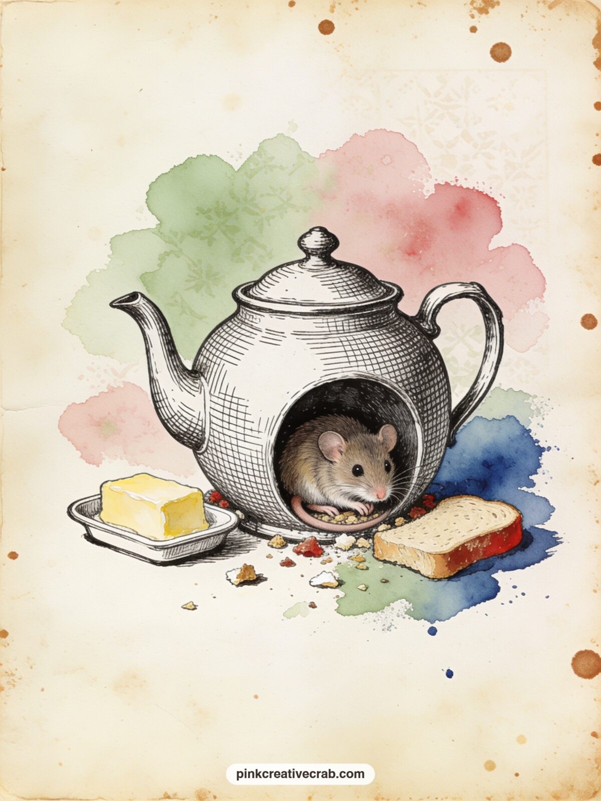 The Dormouse Tucked in the Teapot printable page — The sleepy Dormouse is wedged halfway into a large teapot at the edge of the tea table, with crumbs, a