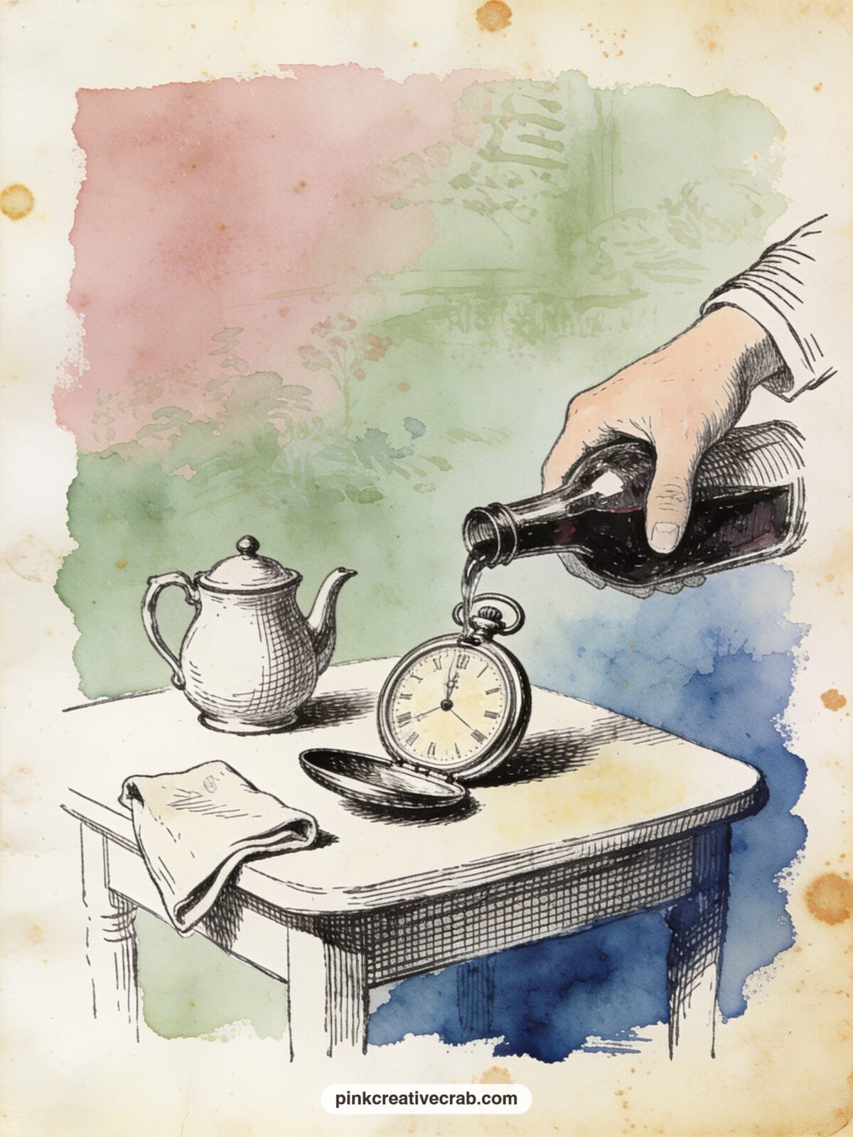 March Hare Pouring Wine Into the Watch printable page — A common mistake is making this page too similar to the full tea party scene already in this set: keep