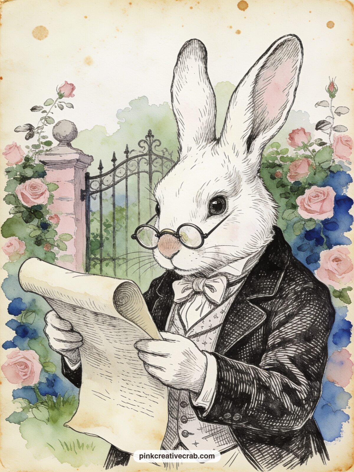 The White Rabbit's Garden Party Invitation printable page — Glue a scrap of ribbon or a pressed flower onto this page: the White Rabbit stands reading a