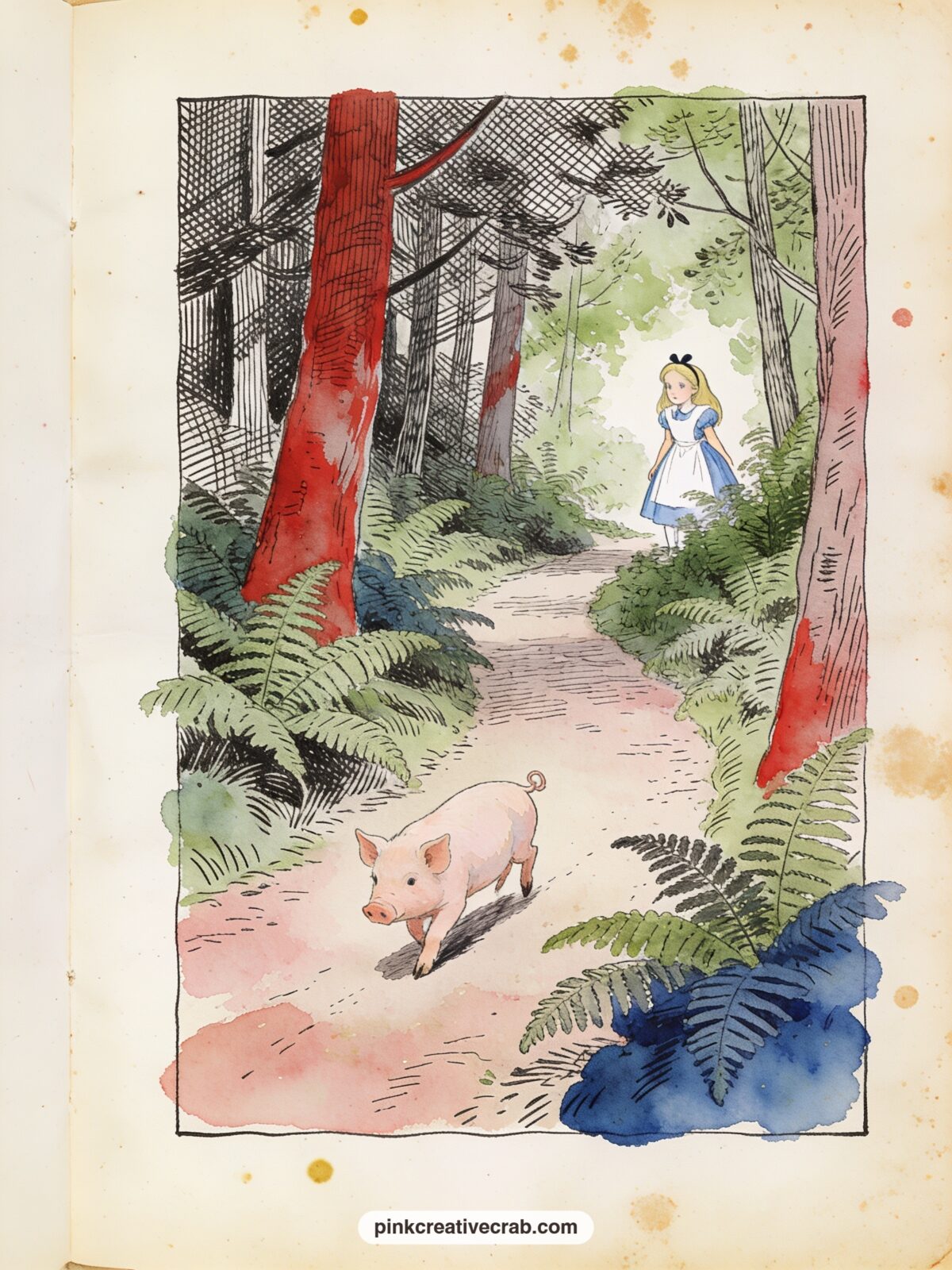 Pig and Pepper Baby printable page — The fussy baby from the Duchess's kitchen has become a small pink pig trotting off into the wood, with Alice watching from