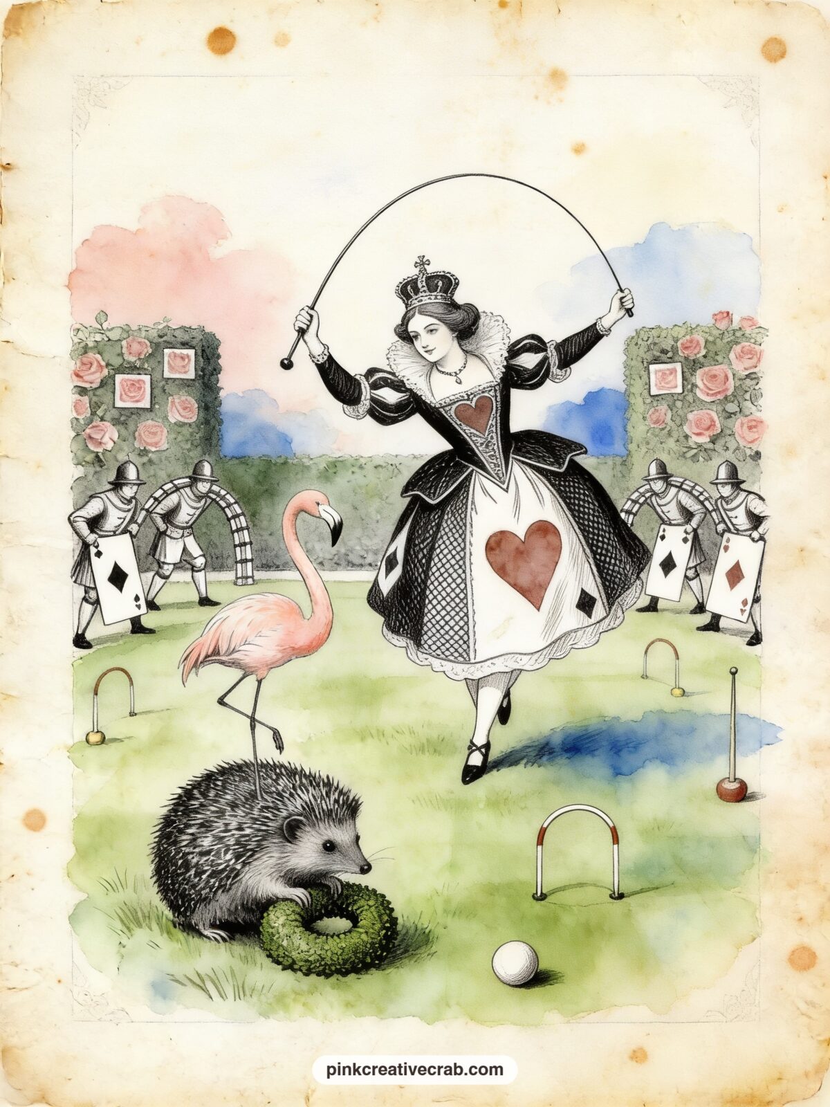 Queen of Hearts Croquet Game printable page — This spread pairs naturally with the playing card pattern later in the set: use the pattern as a border strip