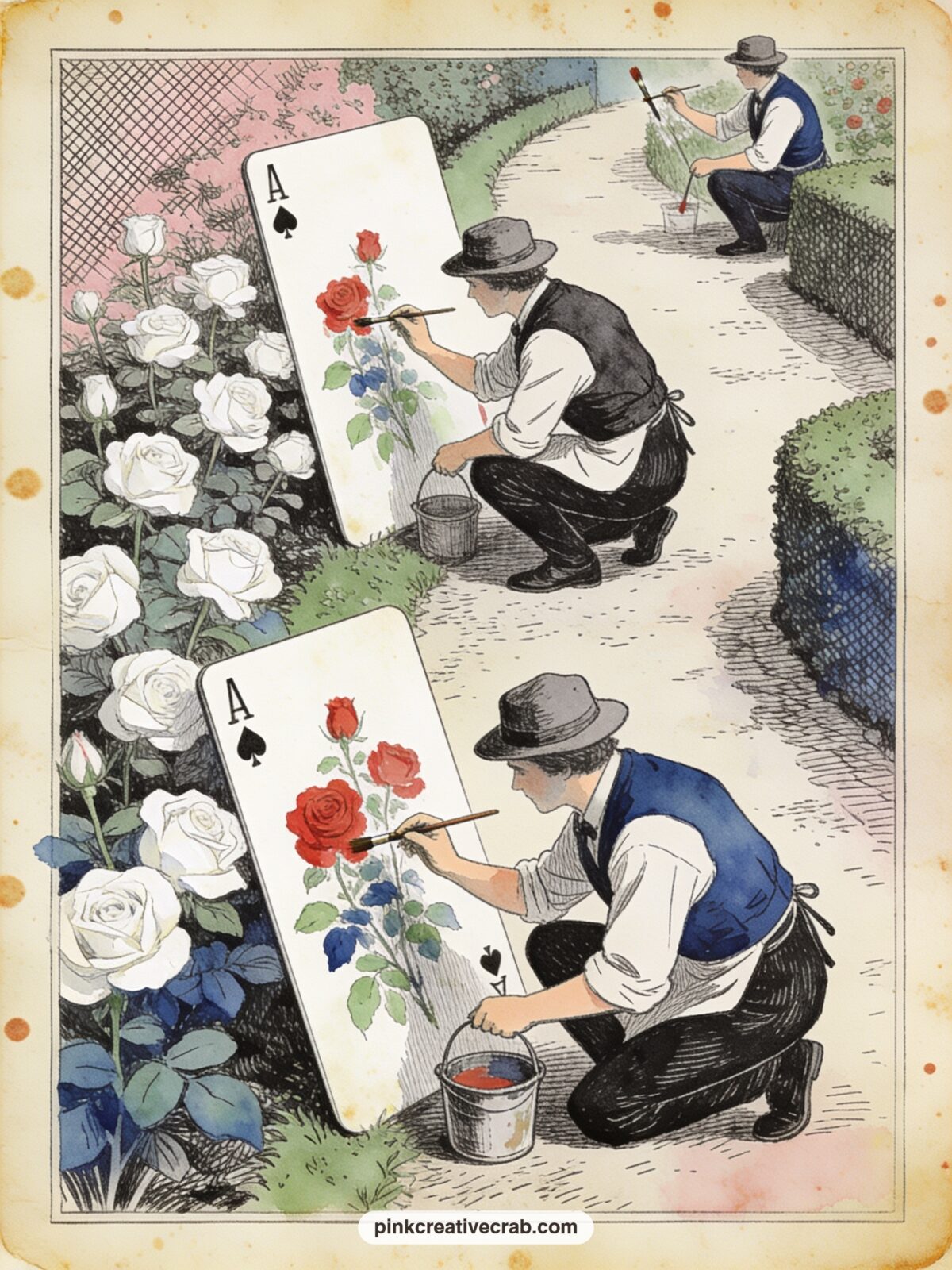 Painting the White Roses Red printable page — Three card gardeners crouch at a rose bush with brushes and a pot of red paint, working quickly before the Queen