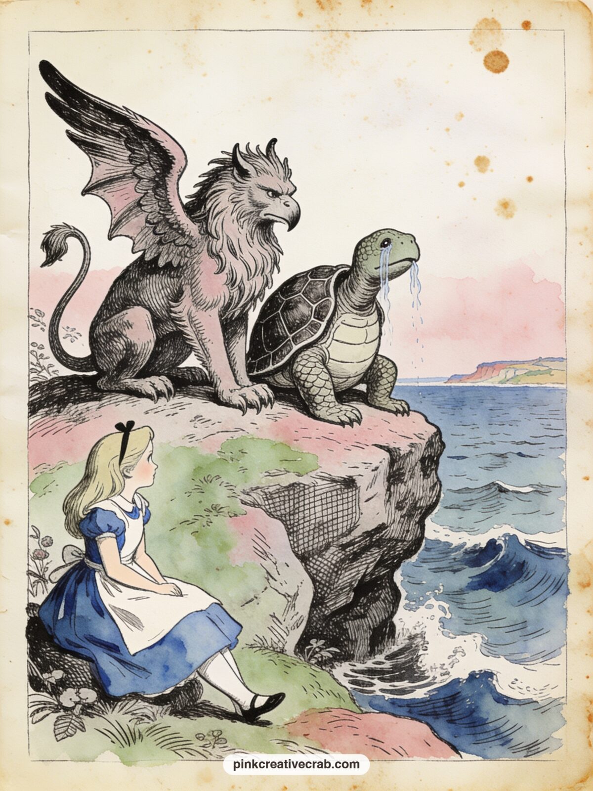 The Gryphon and the Mock Turtle printable page — Seated on a rock by the sea, the weeping Mock Turtle tells his story to the Gryphon while Alice listens close