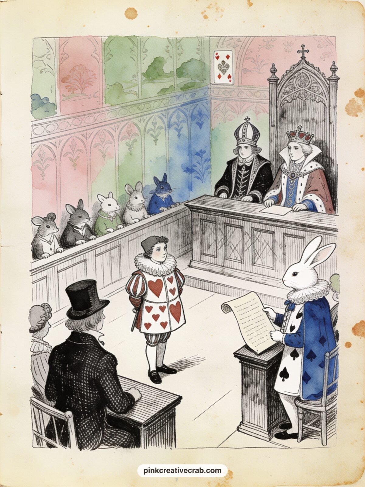The Trial of the Knave of Hearts printable page — The Knave stands accused before the King and Queen as the White Rabbit reads the charge from a scroll, a jury