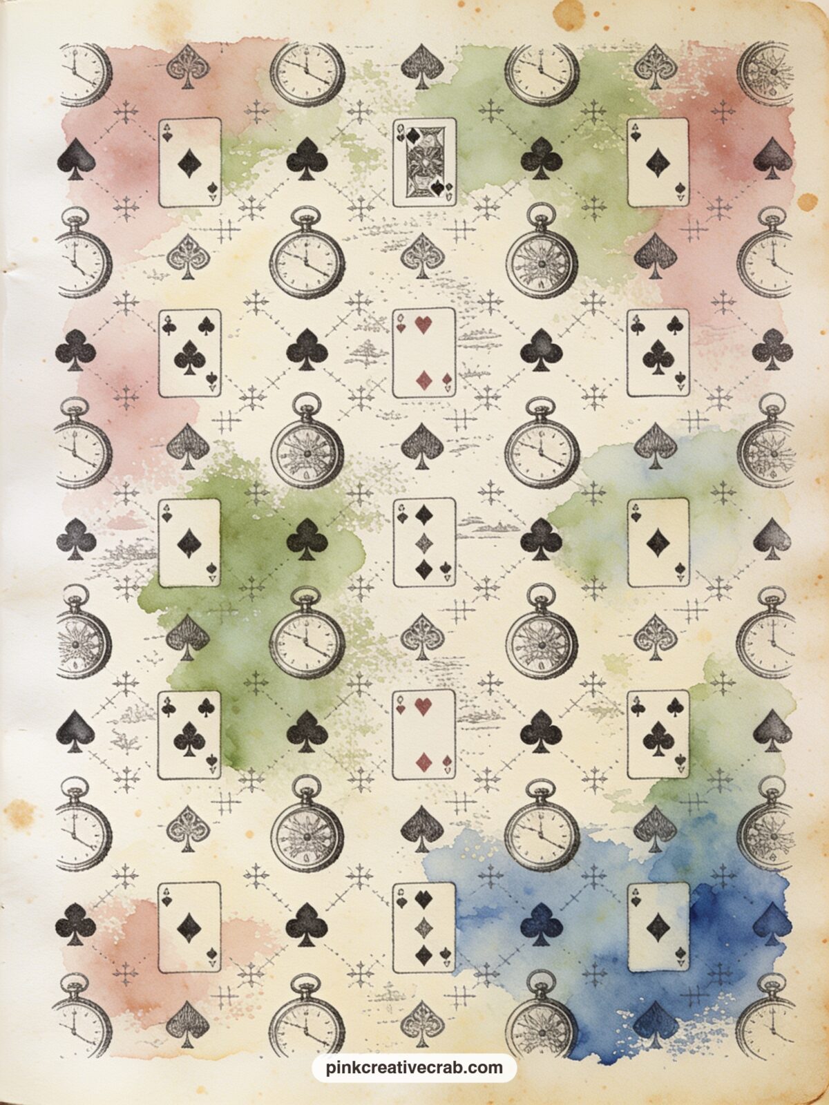 Playing Cards and Pocket Watches Pattern printable page — Scattered hearts, clubs, spades and small pocket watches repeat evenly across the sheet. Alice in