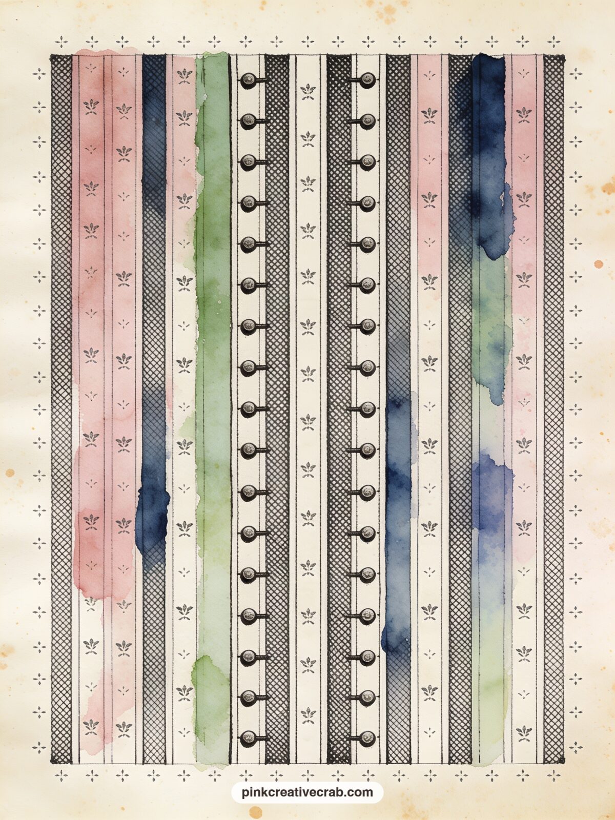 White Rabbit Waistcoat Stripe Pattern printable page — Narrow stripes in sage green and cream alternate down the page, broken now and then by a tiny
