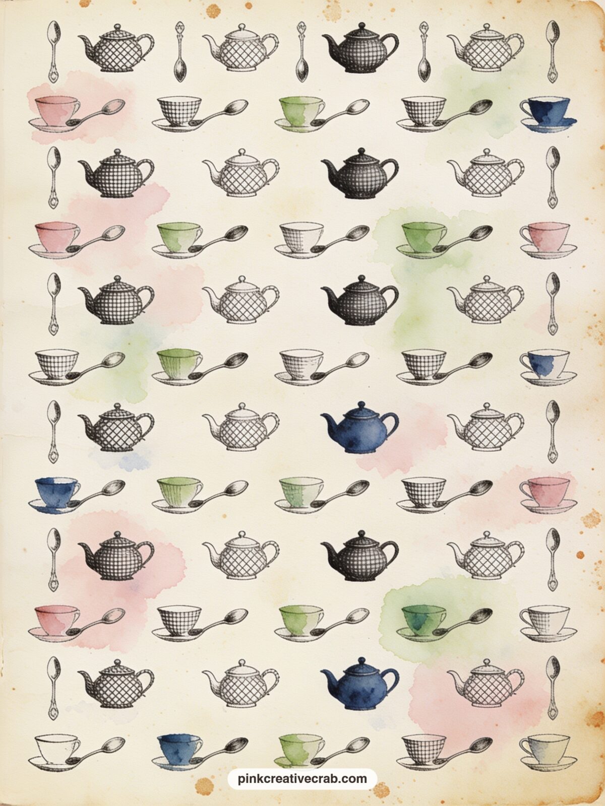 Tea Cup and Teapot Toile Pattern printable page — Small teacups, teapots and spoons repeat in loose rows across the aged cream paper. Alice in wonderland junk