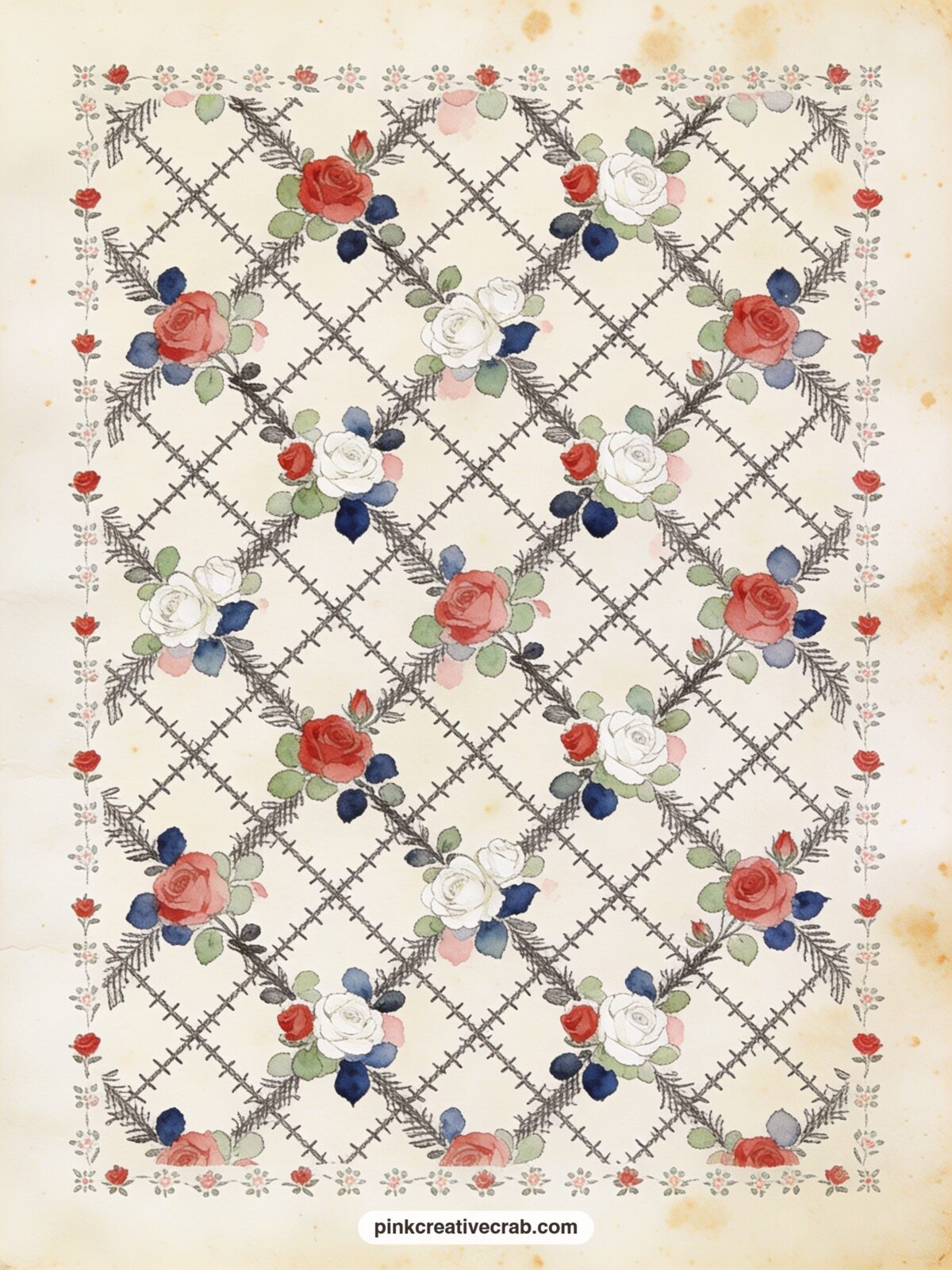 Rose Garden Trellis Pattern printable page — A trellis of small red and white roses climbs in repeating diagonal rows, echoing the Queen's garden. Alice in